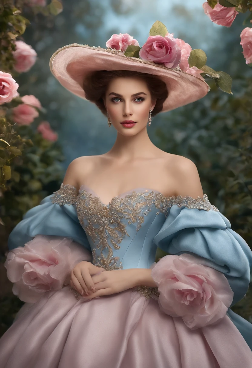 That's realistic (((fantasia))) Obra de arte ambientada no jardim de rosas azul congelado de um castelo de gelo encantado no inverno e deve consistir em muitos tons de cores azuis frias. It's snowing a lot. Gere uma mulher orgulhosa com um (((Rosto altamente detalhado))) dressed in the folds of a dazzling French silk ball gown. The elegant face of the woman is ((((altamente detalhado, with realistic and smooth features, puffy lips.)))) The ball gown is embellished with ruffles, Faixas, e arcos e um, mas intrinsecamente, Hand-embroidered bodice. O espartilho apresenta fita de seda. She is wearing Victorian royal winter outerwear.. The woman's stunning eyes are beautifully detailed, with realistic shading and multiple colors, and in high resolution. The woman is in a garden of eternal roses, cada um lindamente formado e altamente detalhado. Estas rosas azuis realistas apresentam tons cintilantes de azul claro, azul escuro, prata, and shimmering blue-purple. The eternal rose is a deep shade of periwinkle with shimmering iridescent tones and undertones. Garantir que o rosto da mulher, Hair, and the eyes are perfect. realismo, alta fantasia, fantasia caprichosa, storybook fantasy, fantasia de conto de fadas, Detalhes da fantasia, Encantadora, Encantadora, 8k, Contrata, .cgi, pintura digital, unidade, Motor irreal, (((master part))), intrincado, elegante, altamente detalhado, majestoso, fotografia digital, Arte de Artgerm e Ruan Jia e Greg Rutkowski, (master part, belos olhos finamente detalhados: 1.2), HDR, textura de pele realista, (((1Mulher))), (((sozinho))), Inclua um rosto altamente detalhado, Rosto extremamente detalhado, e fundo interessante.,olhos verdes claros,cabelo azul claro,fantasia de anjo