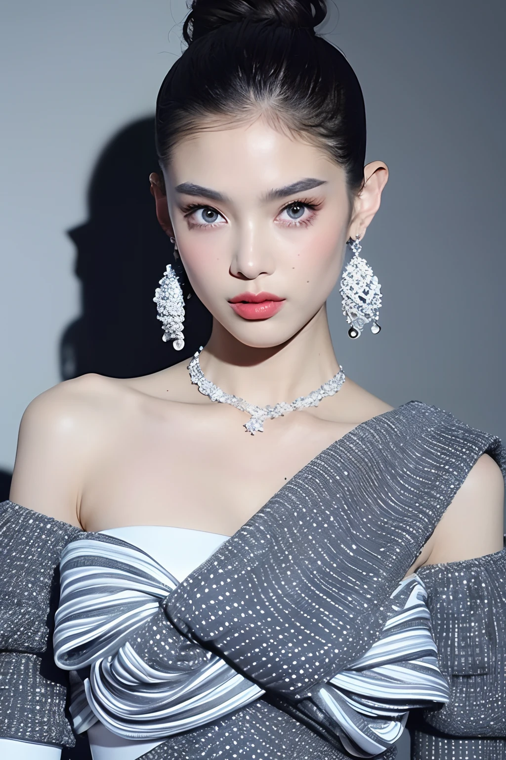 (extra detailed body、extra detailed face、best qualtiy:1.2)、femele、looking at the viewers、(Wacky fashion、Gaultier worldview、Large shoulder-length silver earrings、Silver fancy necklace、Mode system、fashionshow)、(Stylish wall in blue, gray and white on background:1.4)