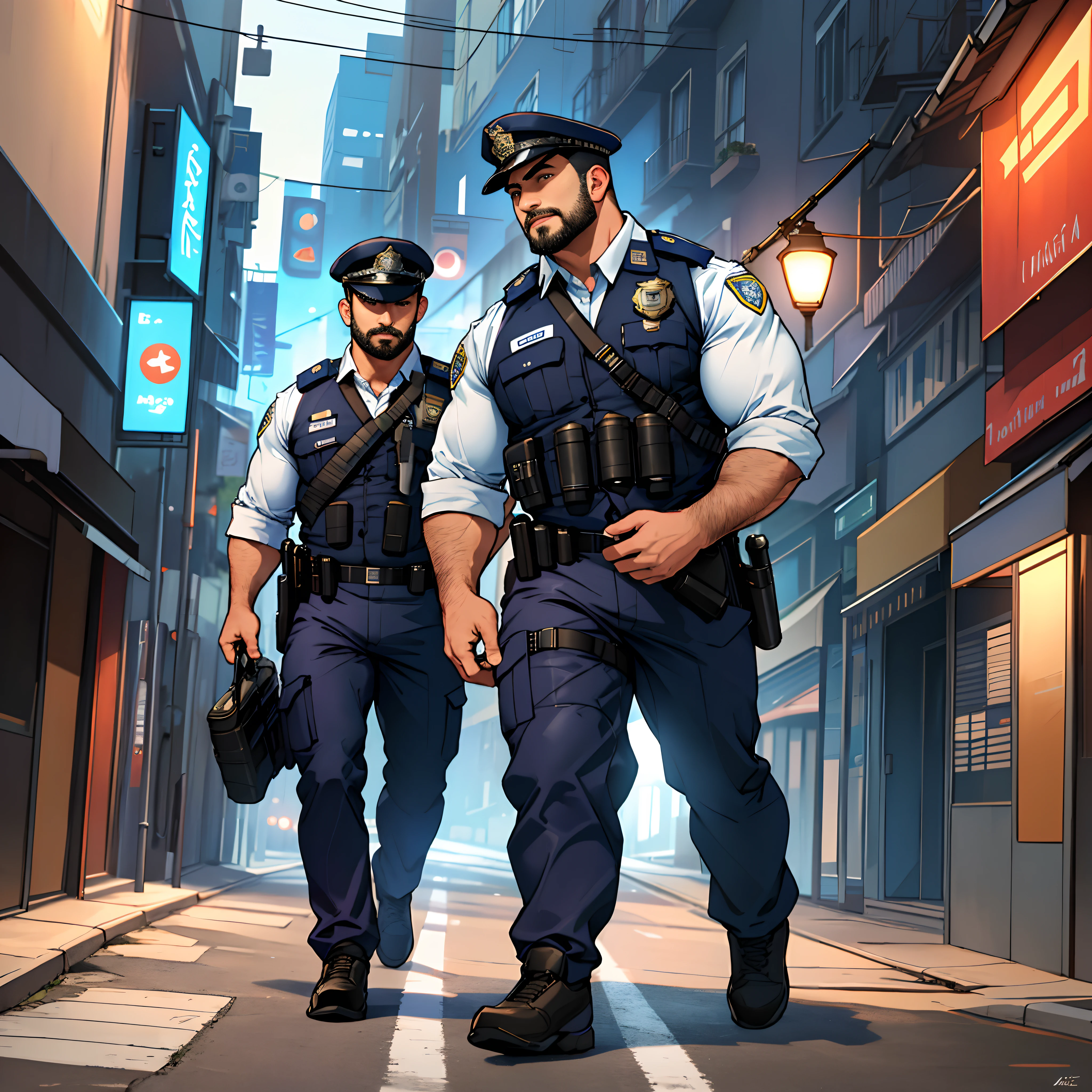 best quality, masterpiece, super high resolution, detailed background, realism, illustrations, single, 1 boy, street, muscle, volumetric lighting, depth of field, facial hair, full body, police uniform