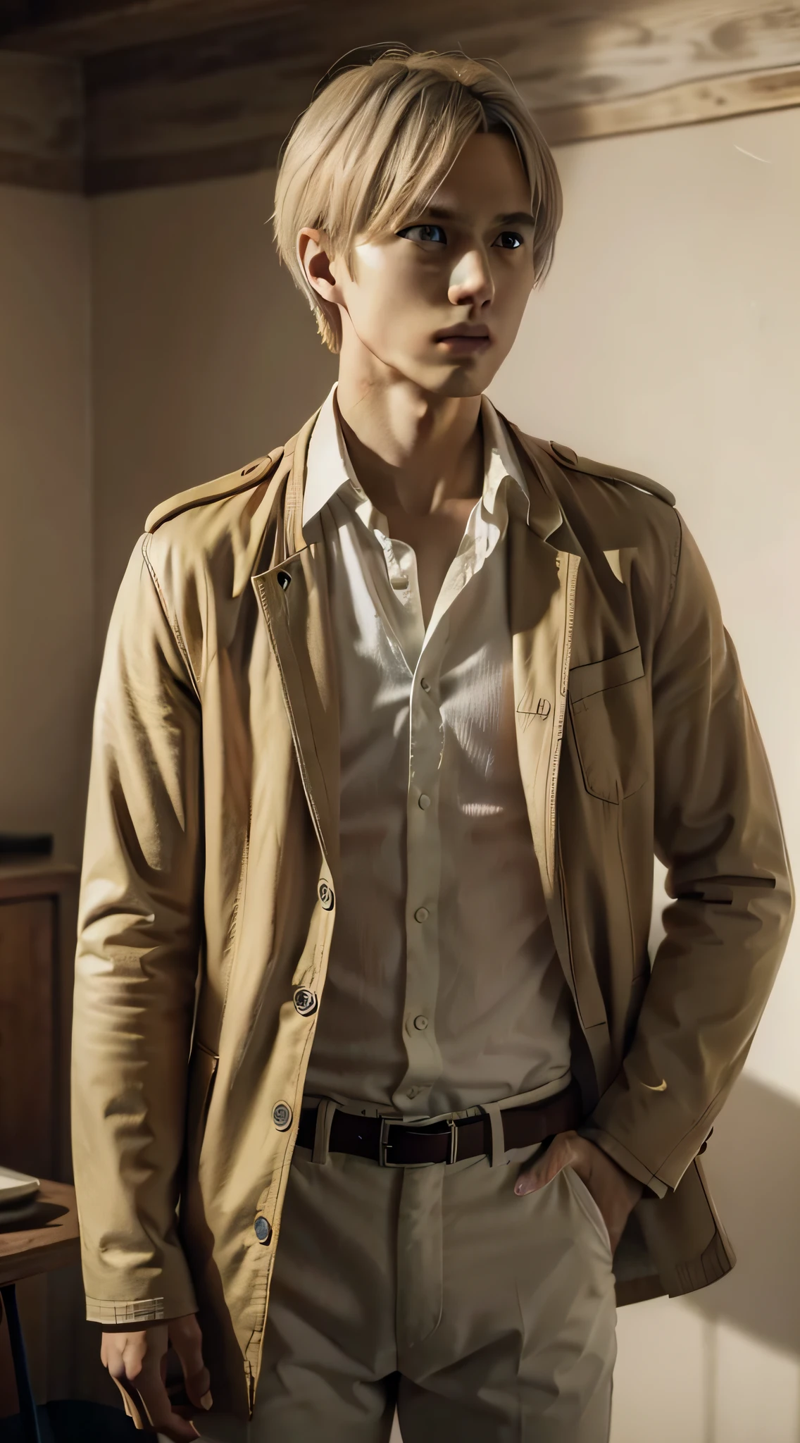armin from anime attack on titan, blonde hair, white shirt, brown jacket, cream pants, realism, masterpiece, textured skin, super detail, high detail, high quality, best quality, 1080p, 16karmin from anime attack on titan, blonde hair, white shirt, brown jacket, cream pants, realism, masterpiece, textured skin, super detail, high detail, high quality, best quality, 1080p, 16k