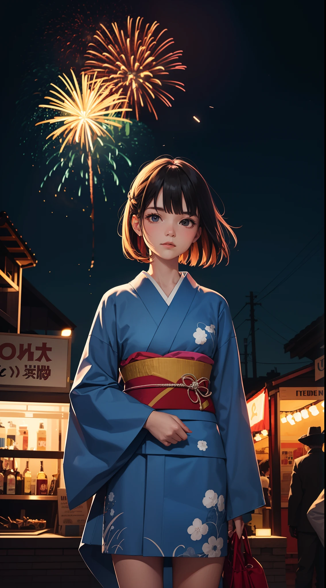 The Fireworks party,a gril in Japanese kimono,(abstract:1.2)girl made up of(firework light tracing:1.25),turning into a (Radioluminescence light tracing) style firework,(Cowboy shot,above knee portrait:1.25),Glowing Neon,Temple fairs,summer festivals,various street vendors,seaside,starry sky,sunset glow,illustration,animation style,gorgeous scene,trending on pixiv,atmosphere,composition,light and shadow,hyper datai,