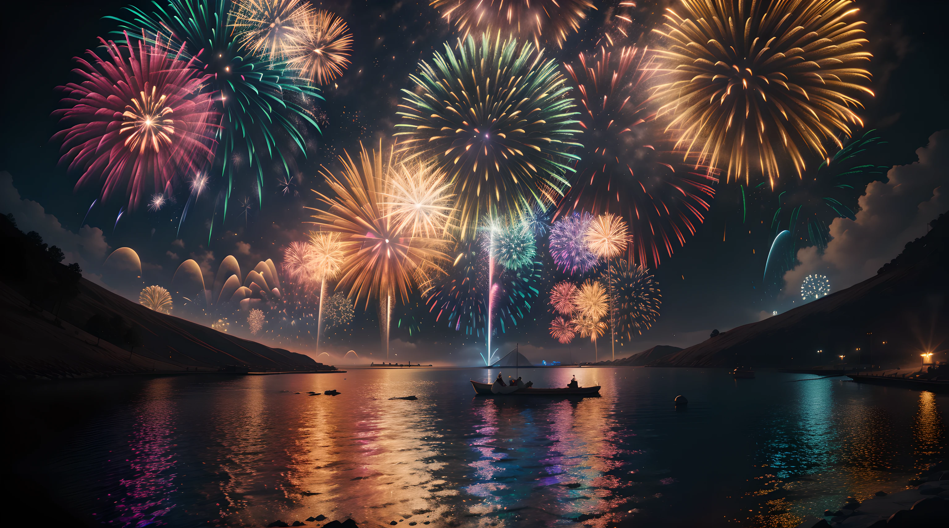 (masterpiece, best quality, ultra_detailed, highres,absurdres:1.2), create a beautiful artwork of fireworks viewed from a magical place near the moon, 8k resolution, illustration