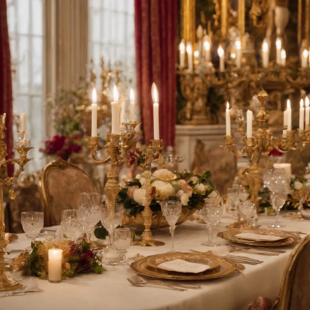 A luxurious dining room within the Petit Trianon, featuring a long, ornate table set with fine china, silverware, and crystal glasses, surrounded by detailed wood paneling and grand paintings."