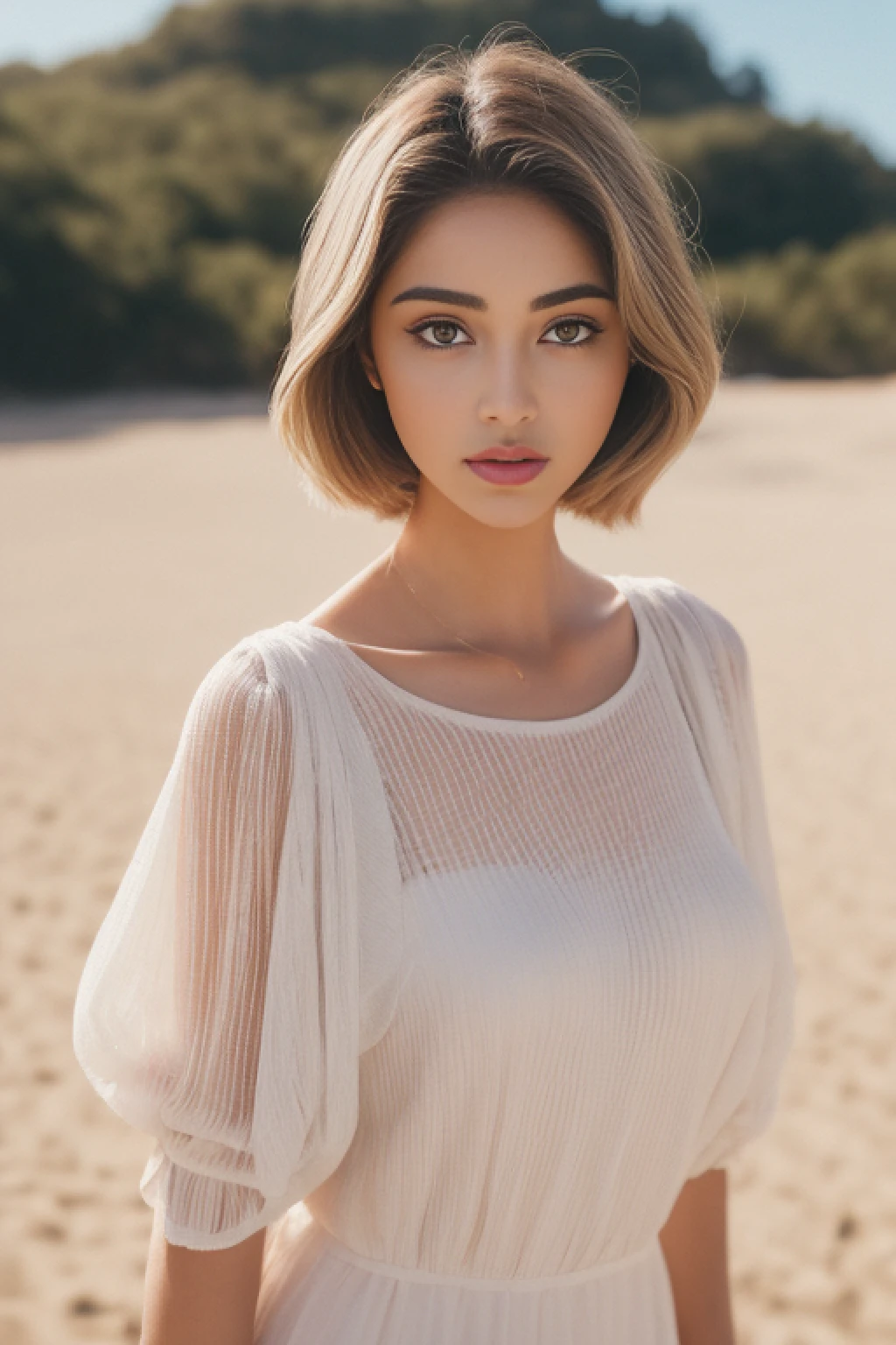 ((Realistic lighting, Best quality, 8K, Masterpiece: 1.3)), Clear focus: 1.2, 2girl, Perfect Figure: 1.4, Slim Abs: 1.1, ((short bob hair)), ( ethereal white dress: 1.4),  Super fine face, Fine eyes, Double eyelids, woman is posing in a sandy beach,  inspired by Gina Pellón, instagram, tachisme, violet myers, lorena avarez, olivia culpo, alanis guillen, looks like kendall jenner,  sophie mudd, tanned ameera al taweel, beautiful iranian woman, full body portrait