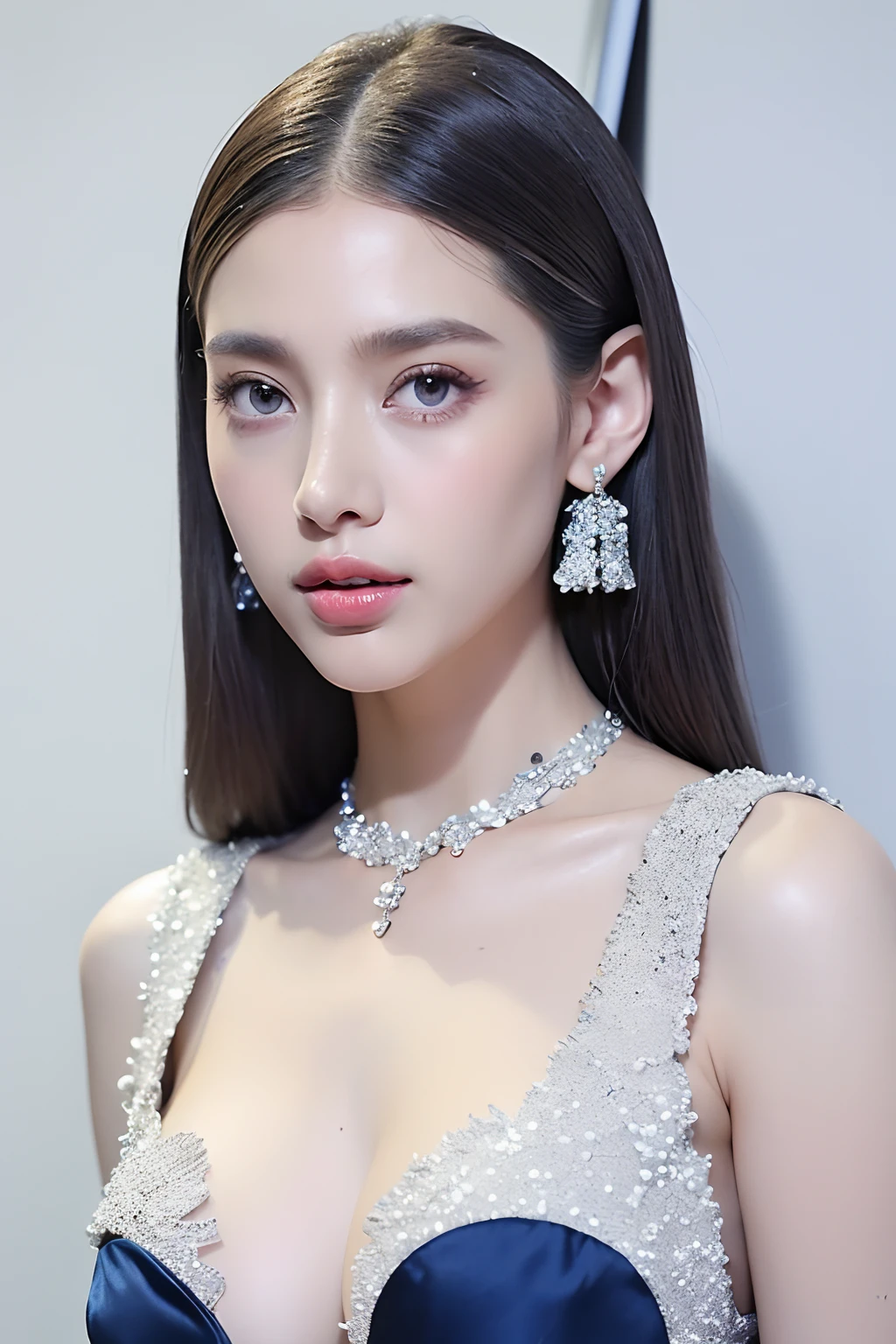 (extra detailed body、extra detailed face、best qualtiy:1.2)、femele、looking at the viewers、(Wacky fashion、Anasui wind、Geometric earrings with silver shoulder length、a necklace、Mode system、fashionshow)(Ivory wall on background)