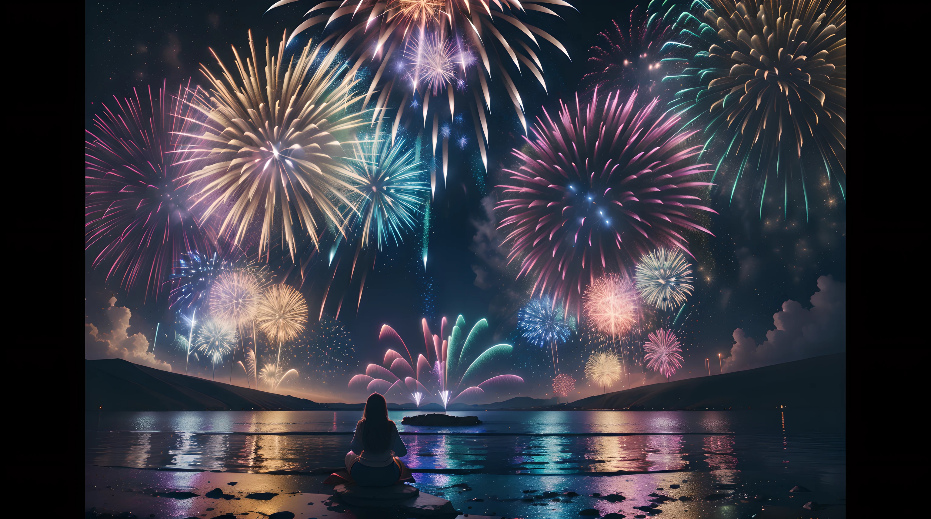 (masterpiece, best quality, ultra_detailed, highres,absurdres:1.2), create a beautiful artwork of fireworks viewed from a magical place near the moon, 8k resolution, illustration