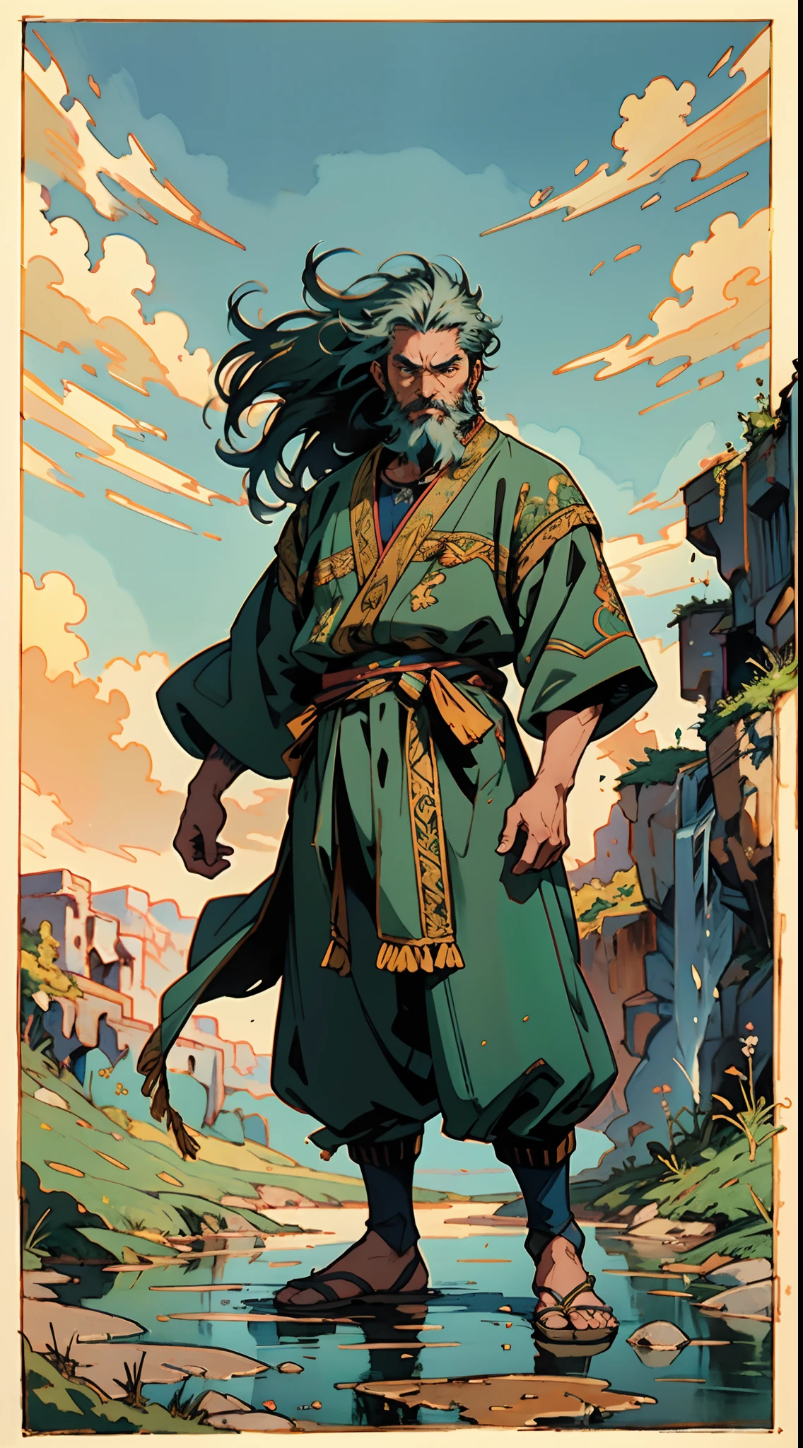 A middle-aged man around 50 years old, disheveled long hair and a long beard, his calm expression reveals wisdom, he wears a loose-fitting moss green robe, golden embroidery patterns, stands confidently in the wind, in a mountain valley with a stream, a broad blue sky, this character embodies a finely crafted fantasy-style Chinese martial hero design in anime style, characterized by a sophisticated and mature manga illustration art style, full body character drawing, high definition, best quality, highres, ultra-detailed, ultra-fine painting, extremely delicate, professional, anatomically correct, symmetrical face, extremely detailed eyes and face, high quality eyes, creativity, RAW photo, UHD, 8k, Natural light, cinematic lighting, masterpiece:1.5