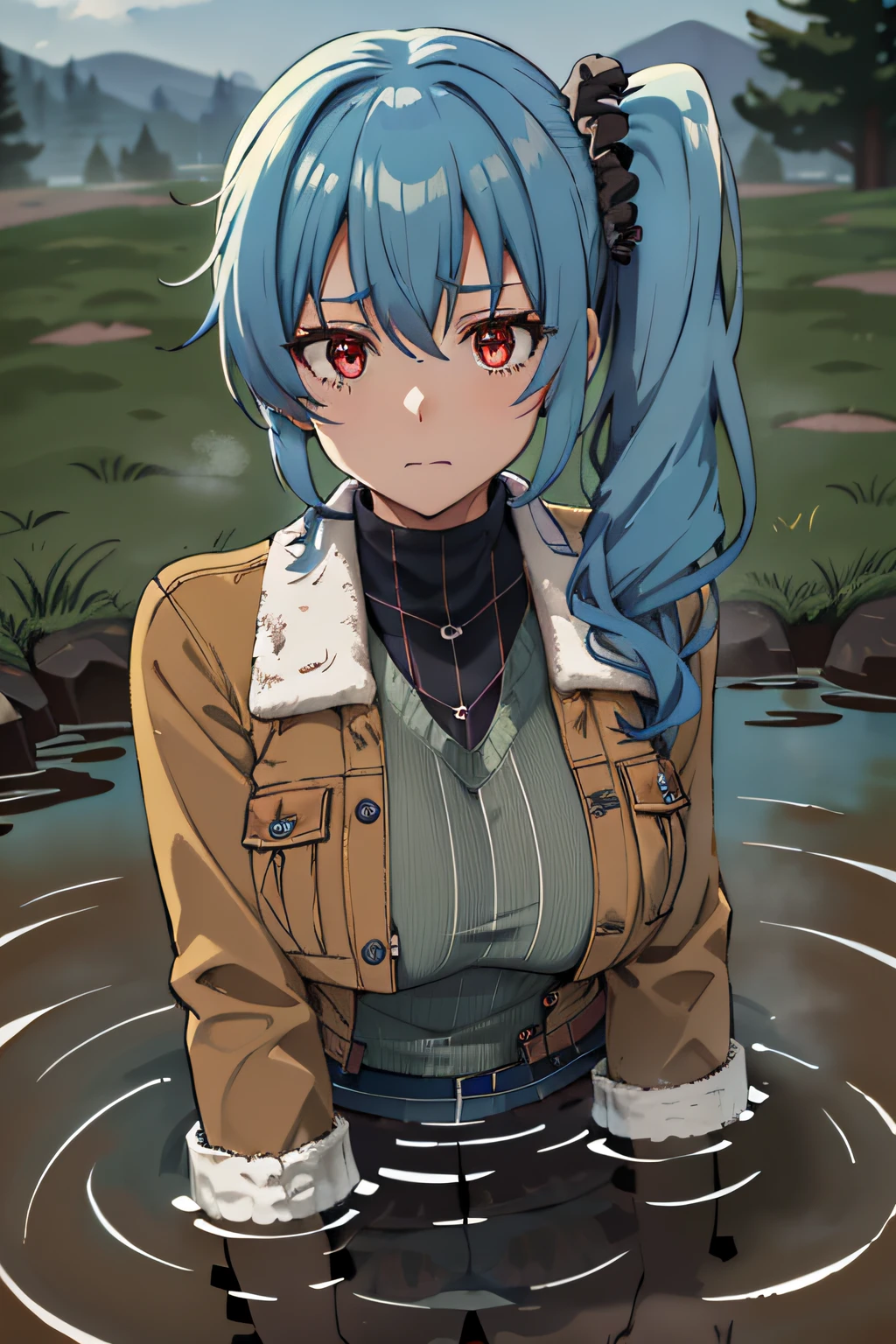 blue hair, side ponytail, scrunchie, red eyes, medium breasts, brown jacket, fur trim, green top, black collar,sunk to the breast, thick dull mud, arms immersed in mud, sinking in the mud, muddy ground, thick, opaque mud, marshy terrain, thick fog