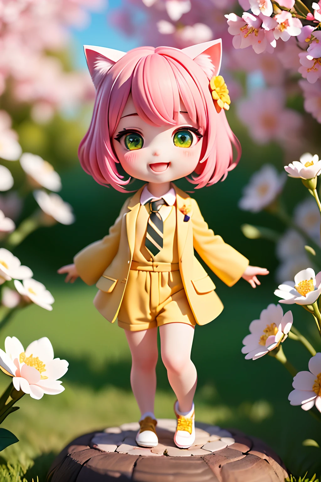 (masterpiece),(best quality),(ultra-detailed), (full body:1.2),
((1boy)),((male)), chibi,cute, smile, open mouth,
flower, outdoors,(yellow and black striped tie),(white shirt), (light yellow suit), blush, tree, :3, shirt,pink, (coral-color hair),(short hair),(blue-green eyes), (Background: spring garden), long sleeves, cherry blossom flower, ((cat)),
(beautiful detailed face), (beautiful detailed eyes),