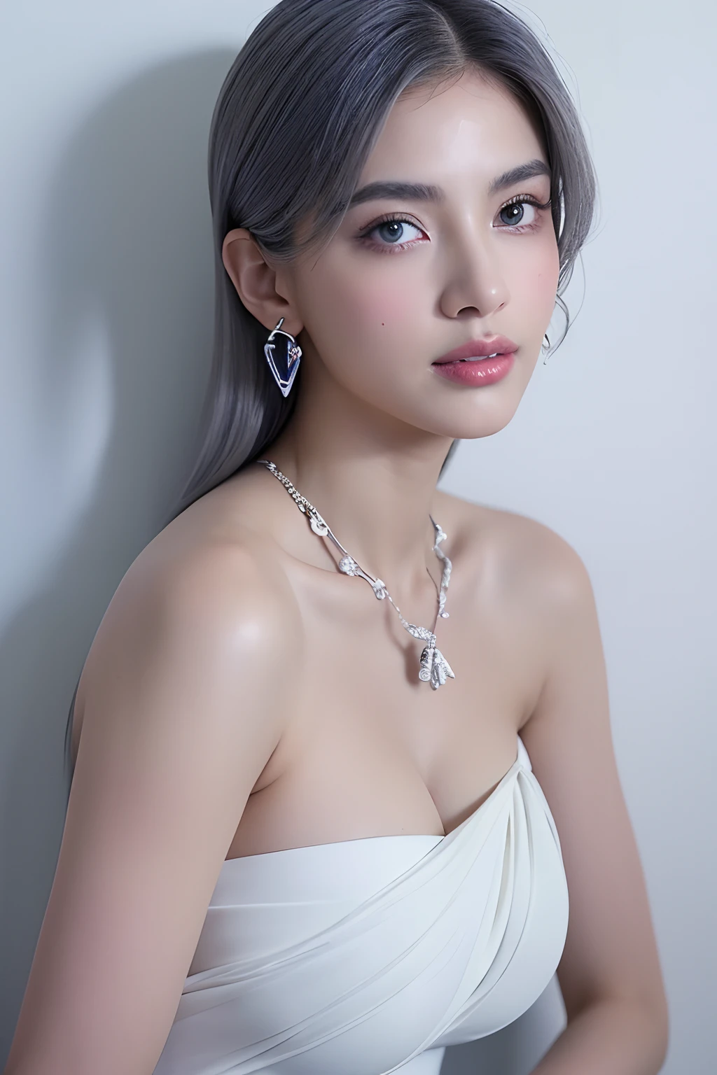 (extra detailed body、extra detailed face、best qualtiy:1.2)、femele、looking at the viewers、(Fantastico clothes、Anasui Worldview、cleavage of the breast、Large shoulder-length silver earrings、Silver fancy necklace、Mode system、fashionshow)、(Stylish wall in blue, gray and white on background:1.4)