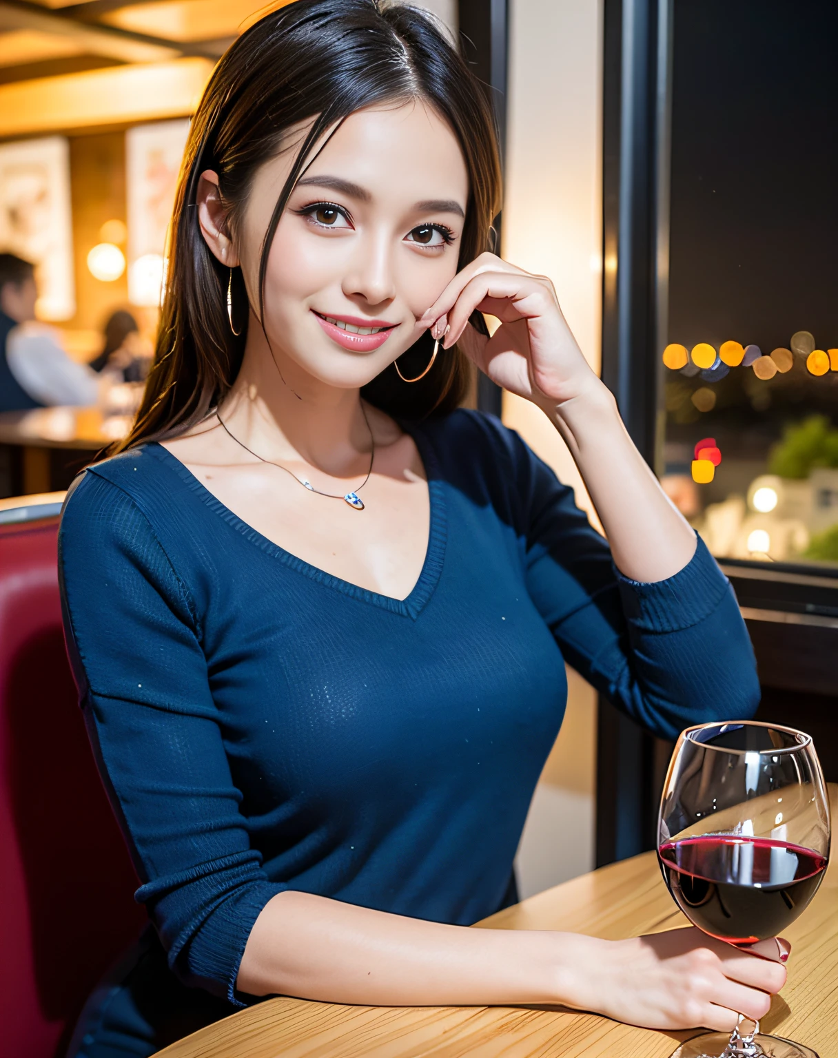 (64K, UHD, top quality, masterpiece: 1.2), (realistic, photorealistic: 1.37), super detailed, pretty woman 1 person, (slim face), (slim body), (brown hair), (short cut), cheeks slightly blushing, (44 years old), 38 years old, solo, beautiful detailed urban night view outside the window, restaurant, wine glasses sit, at night, in a prominent placeNovaFrogStyle, Actress, Model, Waist Up, White Wine, Slim, Wine Glass, Super Clean Night View, Wine Glass Put in the Middle, Happy Smile, (Smile: 1.15), Beautiful Fine Eyes, Upper Body, Bust Japan Up, Night, Short, Short, Actress, Model, Waist Up, White Wine, Slim, Wine Glass, Super Clean Night View, Wine Glass Put in the Middle, Happy Smile,