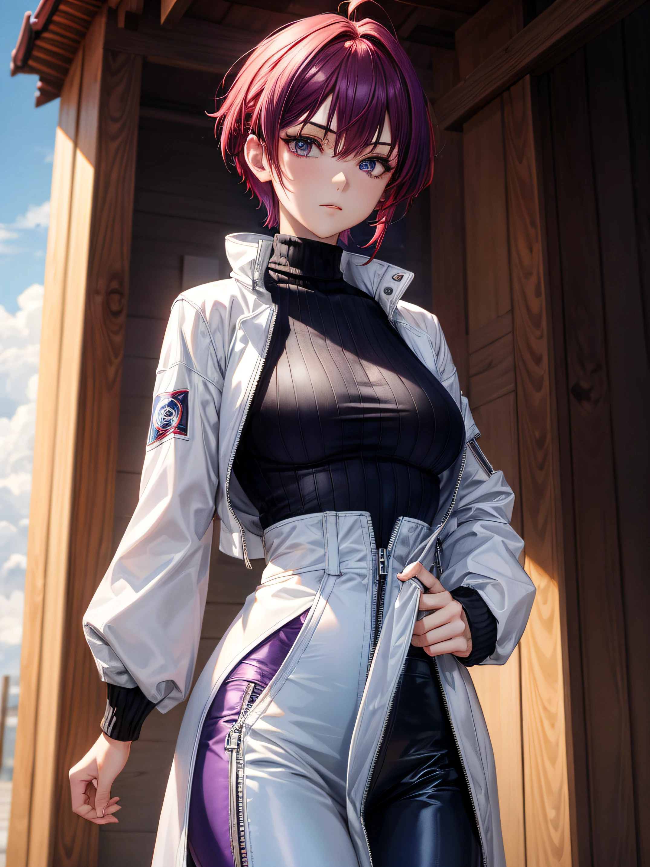 1girl, short red and blue hair, pixie, purple fox eyes, wearing black sleeveless turtleneck, cropped white jacket, techwear pants, shrine, absurdres, high res, ultrasharp, 8K, masterpiece, looking at viewer
