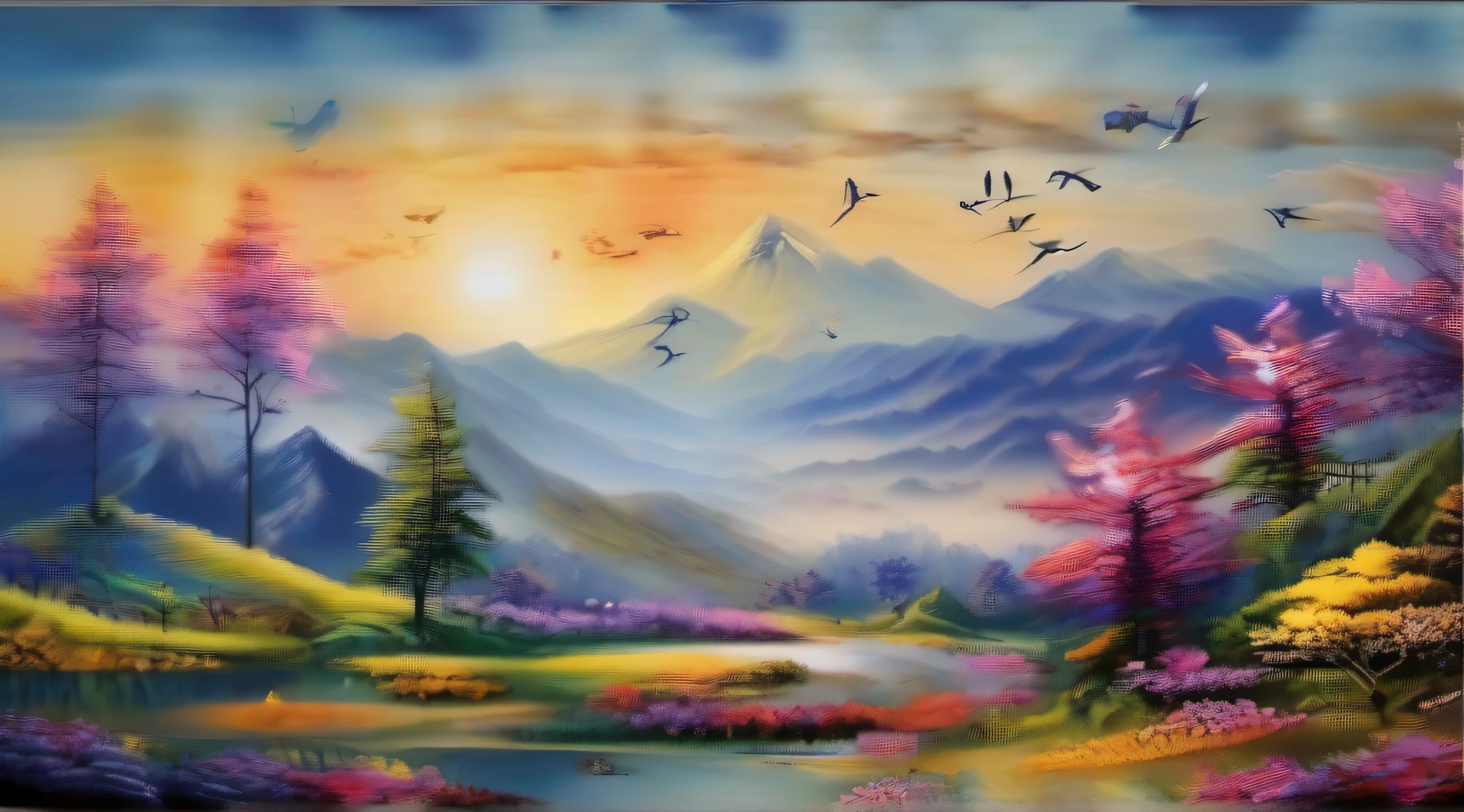 In SHIBORI ART STYLE create a picture of a beautiful landscape picture completw with mountains birds and flowers. Ultra HD, photorealistic, 32k, --AR 16:9, --v 5.2, -- s 1255, --CHAOS 10.