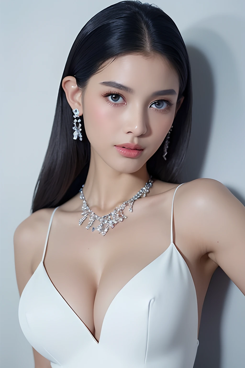 (extra detailed body、extra detailed face、best qualtiy:1.2)、femele、looking at the viewers、(Fantastico clothes、cleavage of the breast、The world view of amasui、Model Posing、Large shoulder-length silver earrings、Silver fancy necklace、Mode system、fashionshow)、(Stylish wall in blue, gray and white on background:1.4)