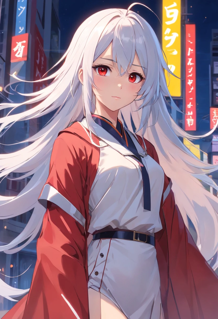 best qualtiy，超高分辨率，1girll，female cleric，Clergy attire，adolable，（Kpop idol），（aegyo sal：1），（long  white hair：1），（（Red eyes）），It looks like in front of the audience，full bodyesbian，facing the front there，highly detailed exquisite fanart, Great character design，anatomy correct，highly detailed character，Stiletto heels，Bare legs