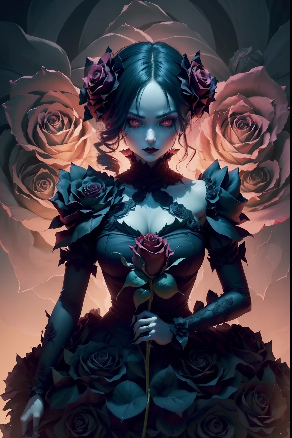 Illustration of a woman fiercely wielding a rose whip、A devil that combines creepiness and beauty、(The human:0.1| A rose flower:1.8)、(Female face in the center of a rose flower)、the body is green、Atrocious、cruel、offensive、wicked、ruthless look、Full body