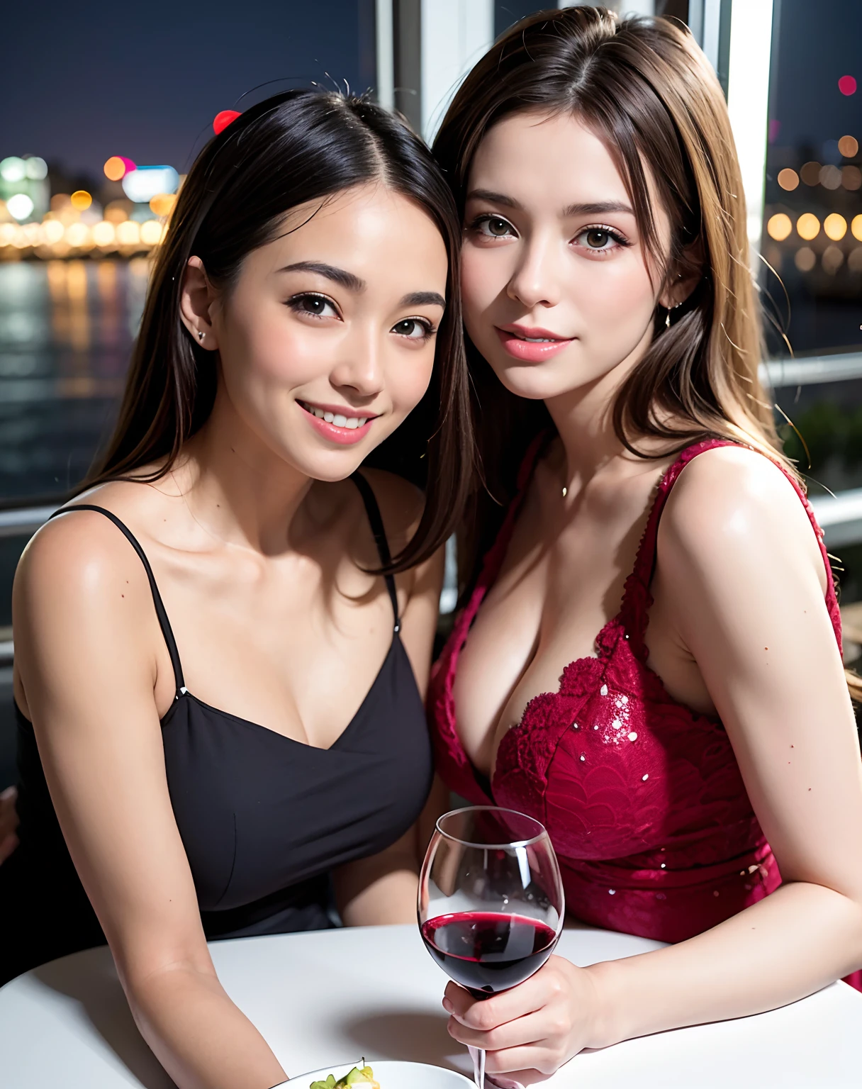 (K, UHD, top quality, masterpiece: 1.2), (realistic, photorealistic: 1.37), super detailed, pretty woman 1 person, (slim face), (slim body), (brown hair), (short cut), cheeks slightly blushing, (44 years old), 38 years old, solo, beautiful detailed urban night view outside the window, restaurant, wine glasses sit, at night, in a prominent placeNovaFrogStyle, Actress, Model, Waist Up, White Wine, Slim, Wine Glass, Super Clean Night View, Wine Glass Put in the Middle, Happy Smile, (Smile: 1.15), Beautiful Fine Eyes, Upper Body, Bust Japan Up, Night, Short, Short, Actress, Model, Waist Up, White Wine, Slim, Wine Glass, Super Clean Night View, Wine Glass Put in the Middle, Happy Smile,