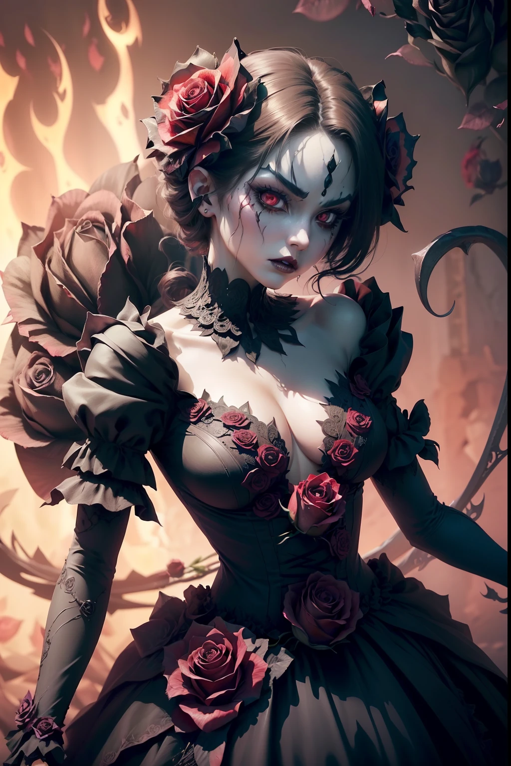 Illustration of a woman fiercely wielding a rose whip、A devil that combines creepiness and beauty、(The human:0.1| A rose flower:1.8)、(Female face in the center of a rose flower)、the body is green、Atrocious、cruel、offensive、wicked、ruthless look、Full body