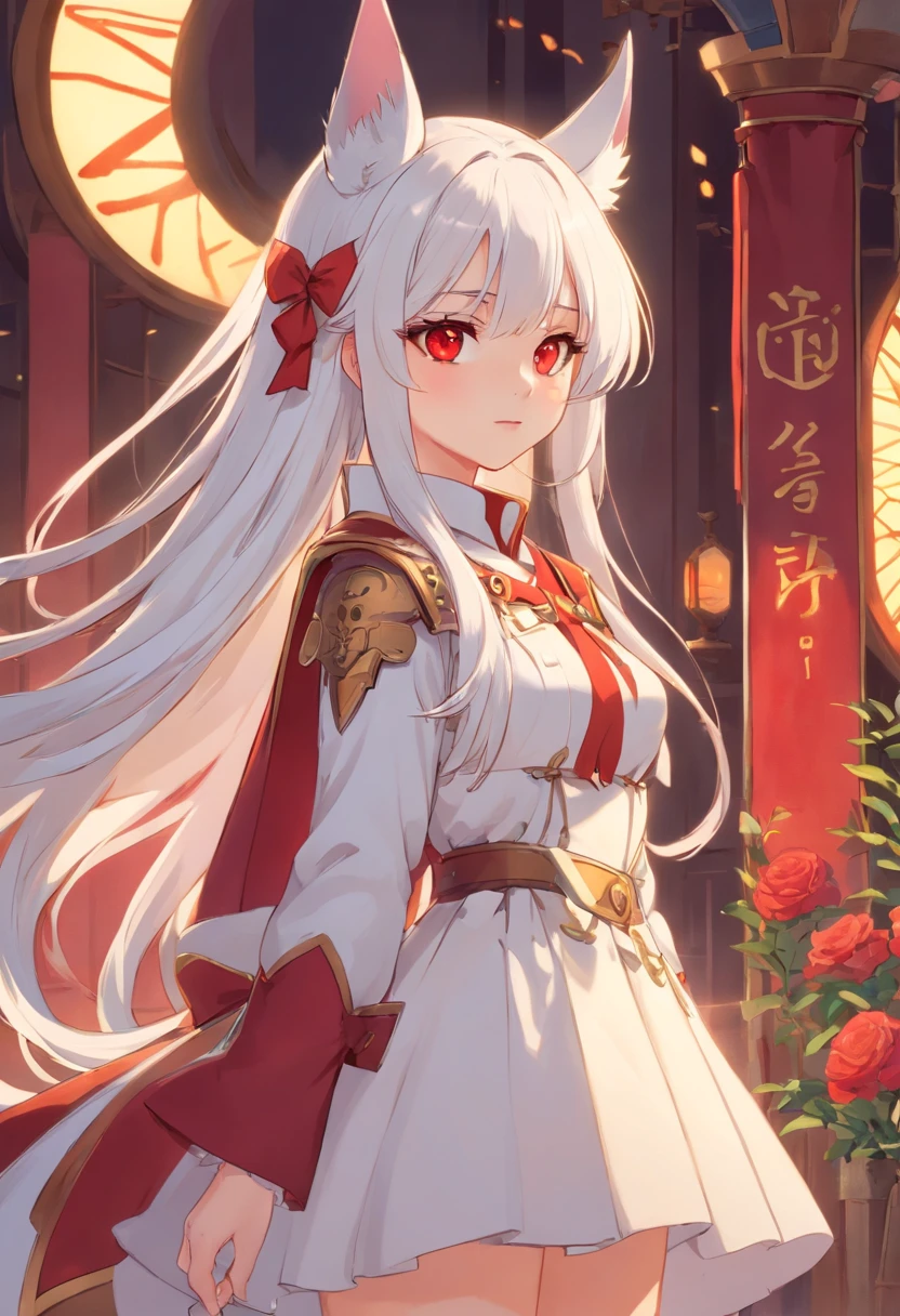 best qualtiy,超高分辨率,1girll,female cleric,Clergy attire,adolable,(Kpop idol),(aegyo sal:1),(long white hair:1),((Red eyes)),It looks like in front of the audience,full bodyesbian,facing the front there,highly detailed exquisite fanart, Great character design,anatomy correct,highly detailed character,Stiletto heels,Bare legs