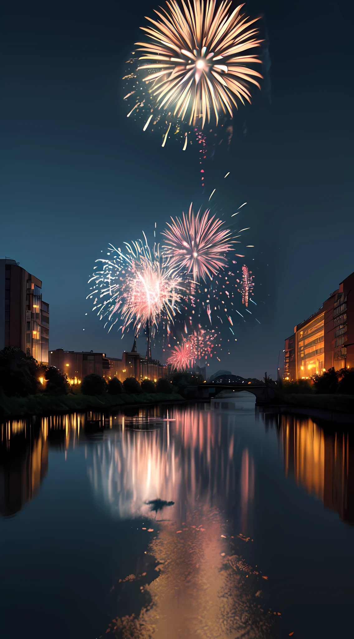 a photorealistic night scene picture of a fireworks show over a city at night, fireworks being reflected in the river, photorealistic display of fireworks (best details, Masterpiece, best quality), night ultra detailed urban background at night, entire scene being reflected at river (best details, Masterpiece, best quality), ultra best realistic, best details, best quality, 16k, [ultra detailed], masterpiece, best quality, (extremely detailed), ultra wide shot, photorealism, depth of field, hyper realistic picture, 3D rendering