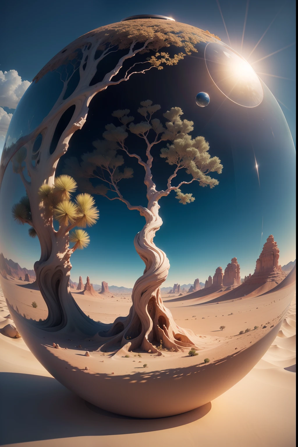 Image of a tree inside a glass ball in a desert landscape, tree of life inside the ball, Arte digital surrealista, Surrealismo 8K, arte digital surreal, arte surreal, surreal 3 d render, 3d renderizar arte digital, Marcos Adamus, arte conceitual surreal, 3 d render bipe, arte digital estilizada, Surrealismo 4K