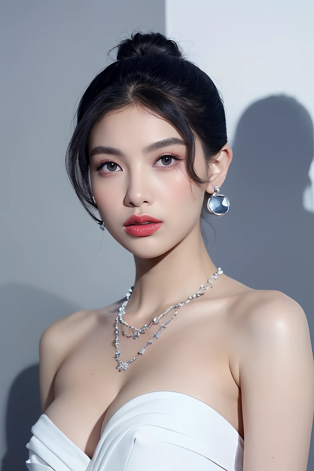 (extra detailed body、extra detailed face、best qualtiy:1.2)、femele、looking at the viewers、(Fantastico clothes、cleavage of the breast、CHANEL's worldview、Large shoulder-length silver earrings、Silver fancy necklace、Mode system、fashionshow)、(Stylish wall in blue, gray and white on background:1.4)
