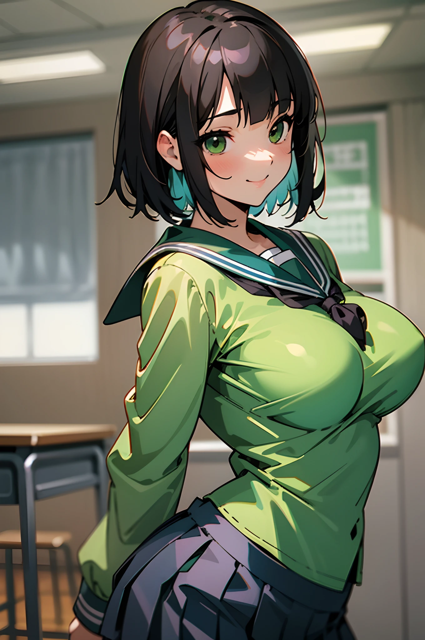 -yeld beiful girl、独奏、Colossal tits、detailed faces and eyes、short-hair、Beautiful black hair、Blunt bangs、Shining green eyes、a smile、Laugh、shinny skin、a sailor suit、Pleated miniskirt、Inside the classroom、Schools、Evening glow、blurry backround