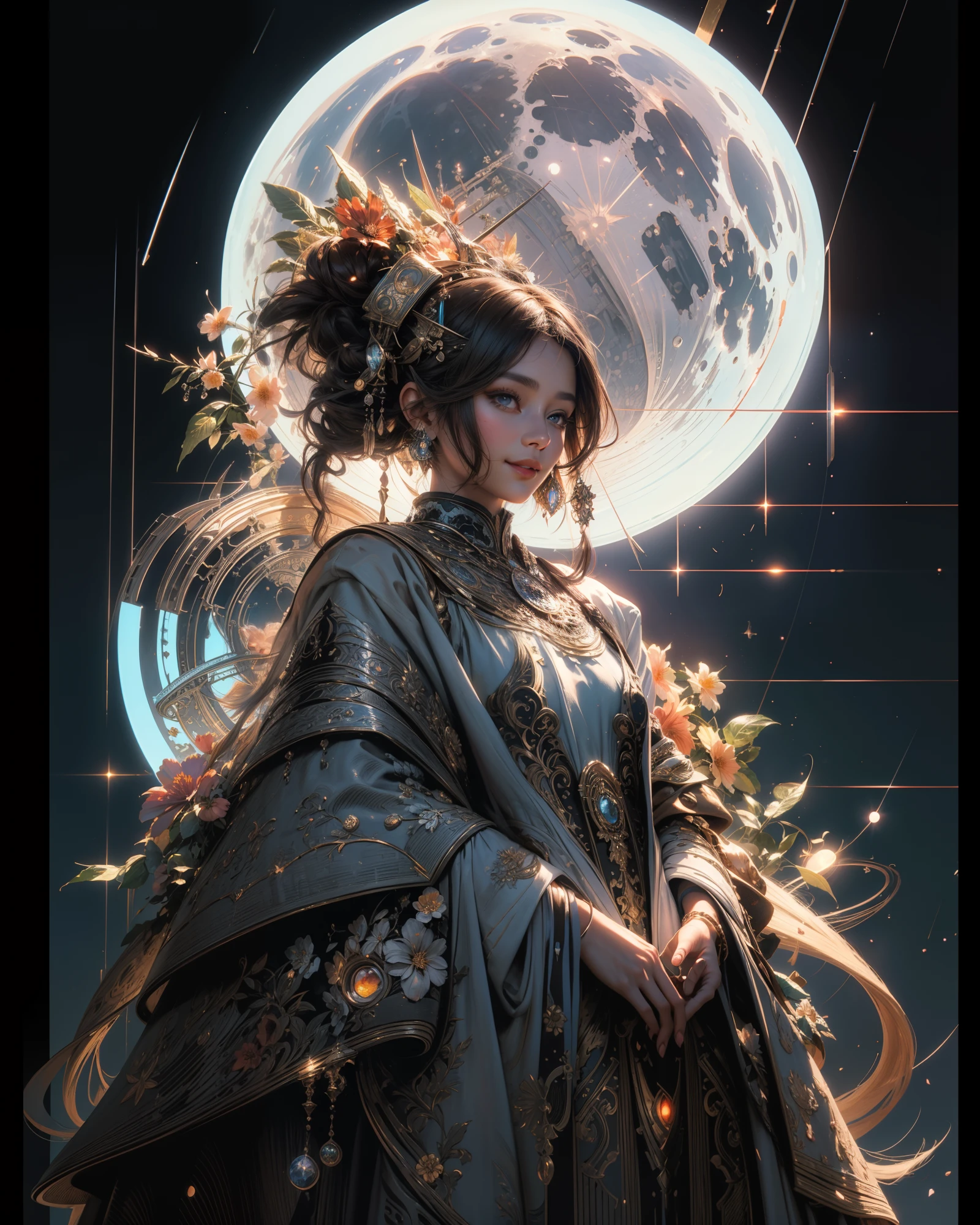 (masterpiece),(best quality), illustration, (fantasy:1.4), brown long hair, long eye lashes, solid circle eyes, light smile, Surrealism, drop shadow, anaglyph, stereogram, atmospheric perspective, 8k, super detail, accurate, best quality, UHD, textured skin, long dress, a moon, flowers , paper_cut