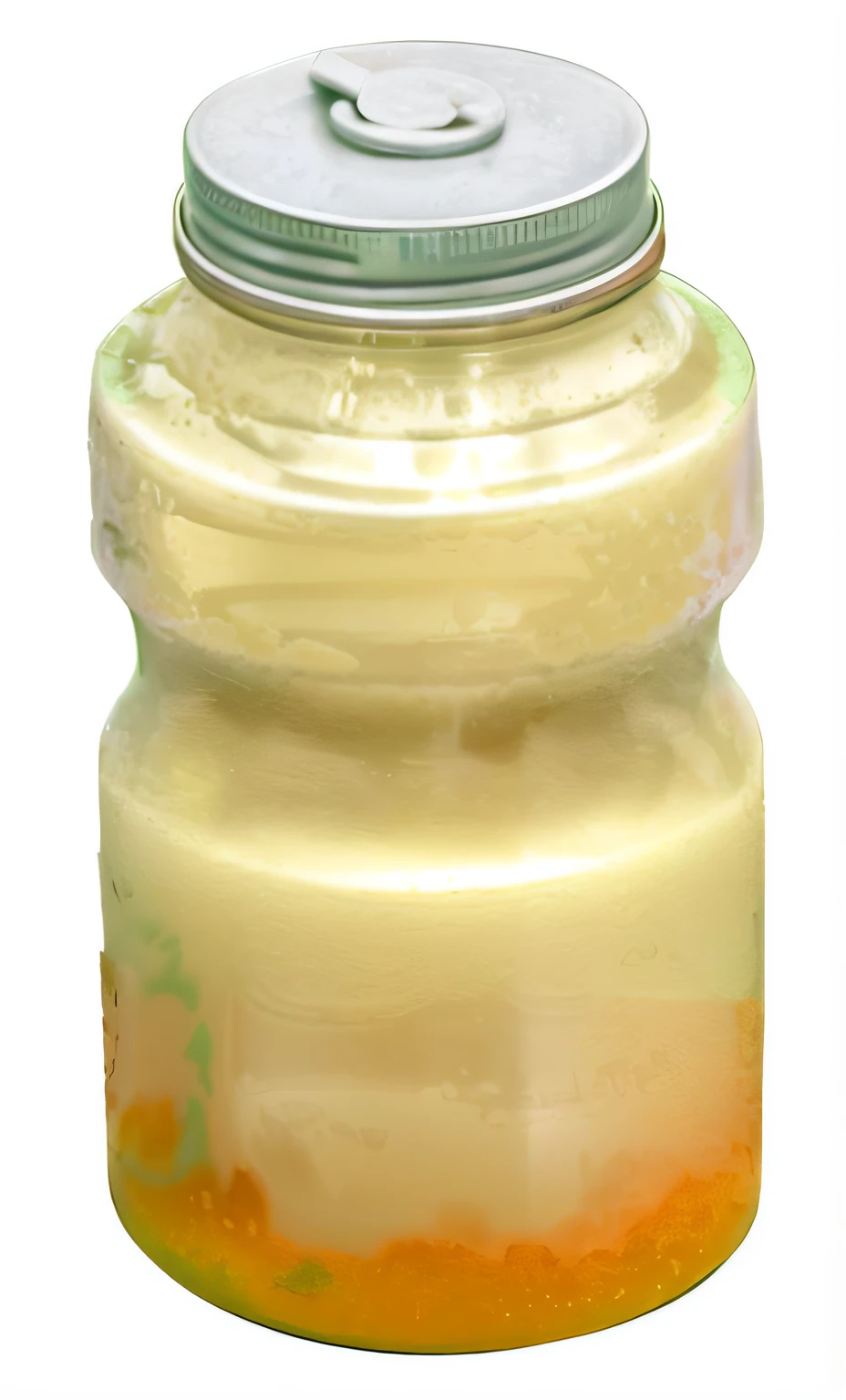 There was a can of drinks，There is a lid on a white background, hyperdetailed scp artifact jar, A jar of honey, mayonnaise, lemonade, Glass Kan, Bottle, liquid that has a viscous, dark yellowish water, 🍸🍋, Moldy juice, round bottle, yellowed, Glass bottle, Viscous liquid, jars