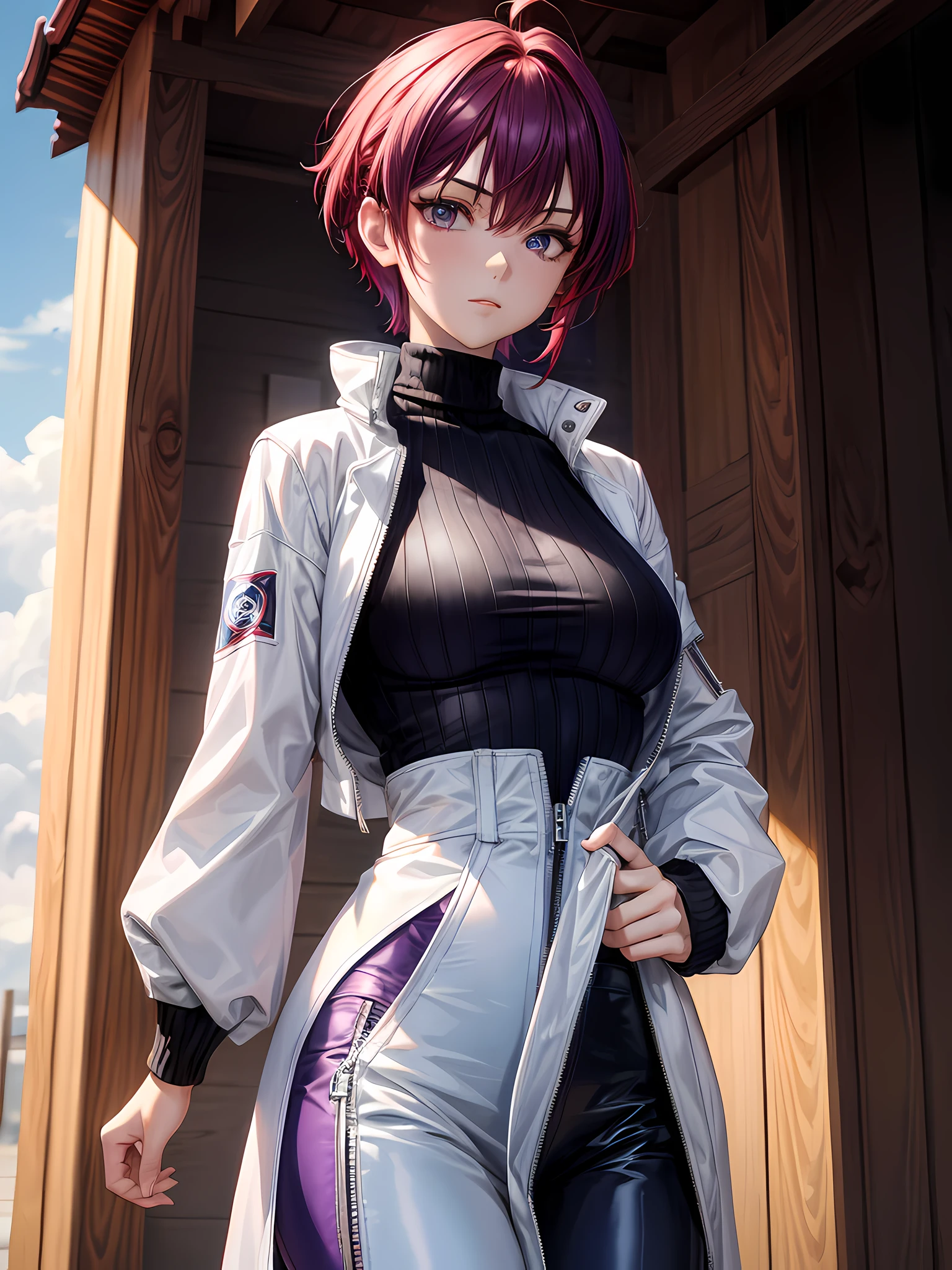 1girl, short red and blue hair, pixie, purple fox eyes, wearing black sleeveless turtleneck, cropped white jacket, techwear pants, shrine, absurdres, high res, ultrasharp, 8K, masterpiece, looking at viewer