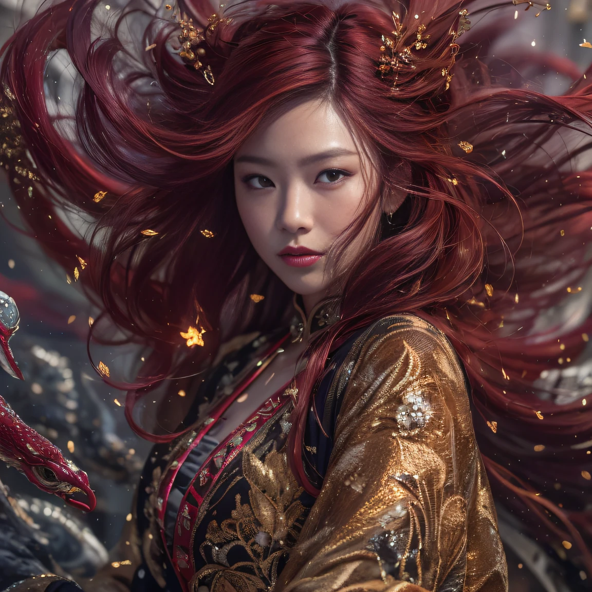 32K gradient glass texture（tmasterpiece，k hd，hyper HD，32K）Short burgundy hair，Short flowing hair，Onsen District，Flame Girl ，Yao Lang protector （realisticlying：1.4），Python pattern robe，Black gold master Kawashima work headdress，Snowflakes fluttering，The background is pure，Hold your head high，Be proud，The nostrils look at people， A high resolution， the detail， RAW photogr， Sharp Re， Nikon D850 Film Stock Photo by Jefferies Lee 4 Kodak Portra 400 Camera F1.6 shots, Rich colors, ultra-realistic vivid textures, Dramatic lighting, Unreal Engine Art Station Trend, cinestir 800，Hold your head high，Be proud，The nostrils look at people，Short burgundy hair