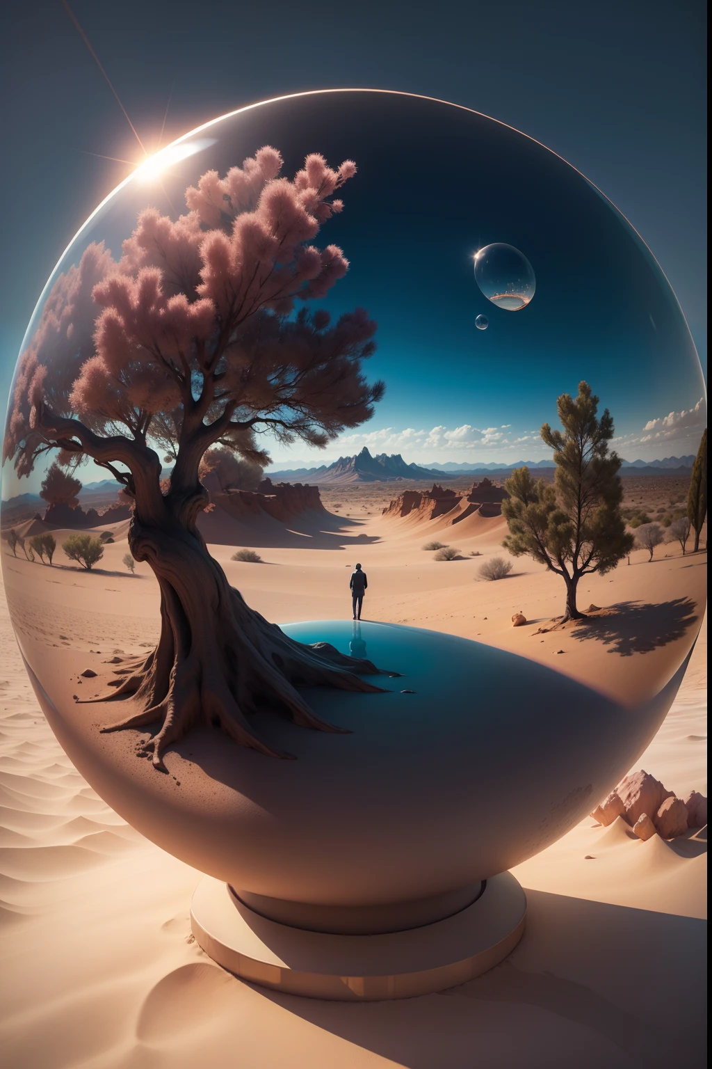 Image of a tree inside a glass ball in a desert landscape, tree of life inside the ball, Arte digital surrealista, Surrealismo 8K, arte digital surreal, arte surreal, surreal 3 d render, 3d renderizar arte digital, Marcos Adamus, arte conceitual surreal, 3 d render bipe, arte digital estilizada, Surrealismo 4K