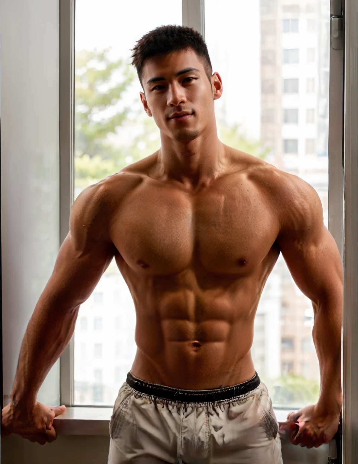 Arafard man without a shirt standing in front of the window, Shirtless, Shirtless :: High detail, Male model, tyler west, christian cline, Dylan Cole, mid-shot of a hunky, with abs, Inspired by Anthony Devas, Ripped, chiseled abs, of a shirtless, Damian Kreisvonos, Sexy masculine, upperbody shots