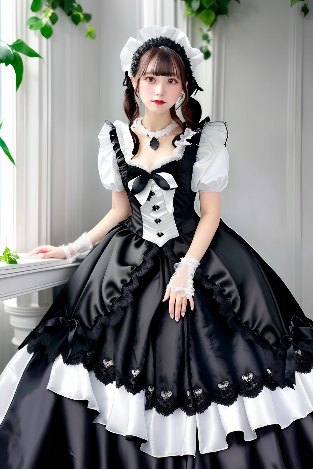 Close up portrait of woman in black satin dress and white satin gloves, rococo dress, rococo queen, Victorian black dress, rococo ruffles dress, dress in the style of rococo, fantasy dress, ta style, ethereal fairy tale, Icy Black Dress, victorian dress, Loliashion, magical dress, Full dress, fairycore, Belle Delphine
