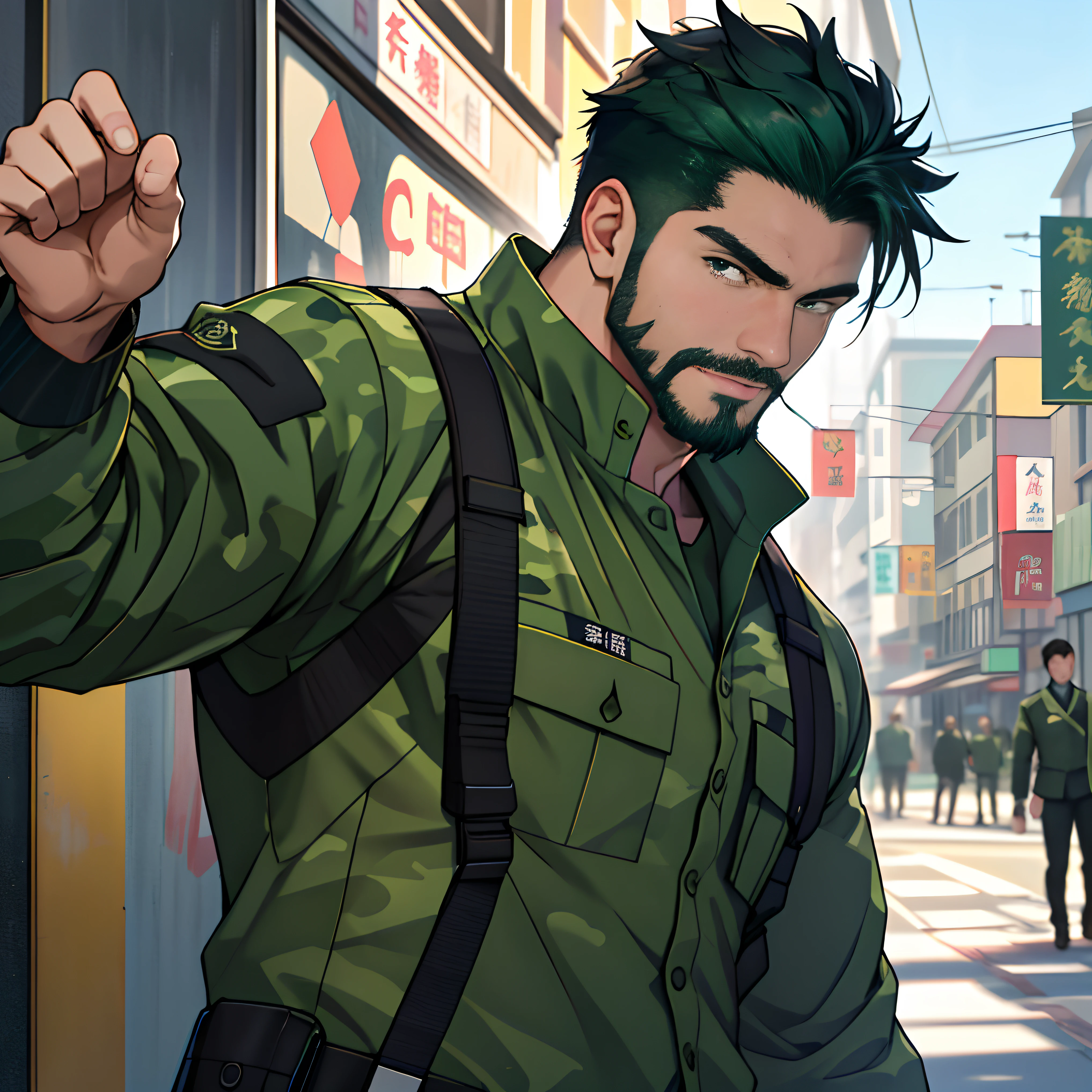 best qualtiy, tmasterpiece, 超高分辨率, detailedbackground, photorealestic, illustratio, Single, 1 boy, Young, Handsome, Mature man, sbeard, swat, the street, musculature, Facial hair, Volumetriclighting, depth of fields, (Green camouflage uniform)