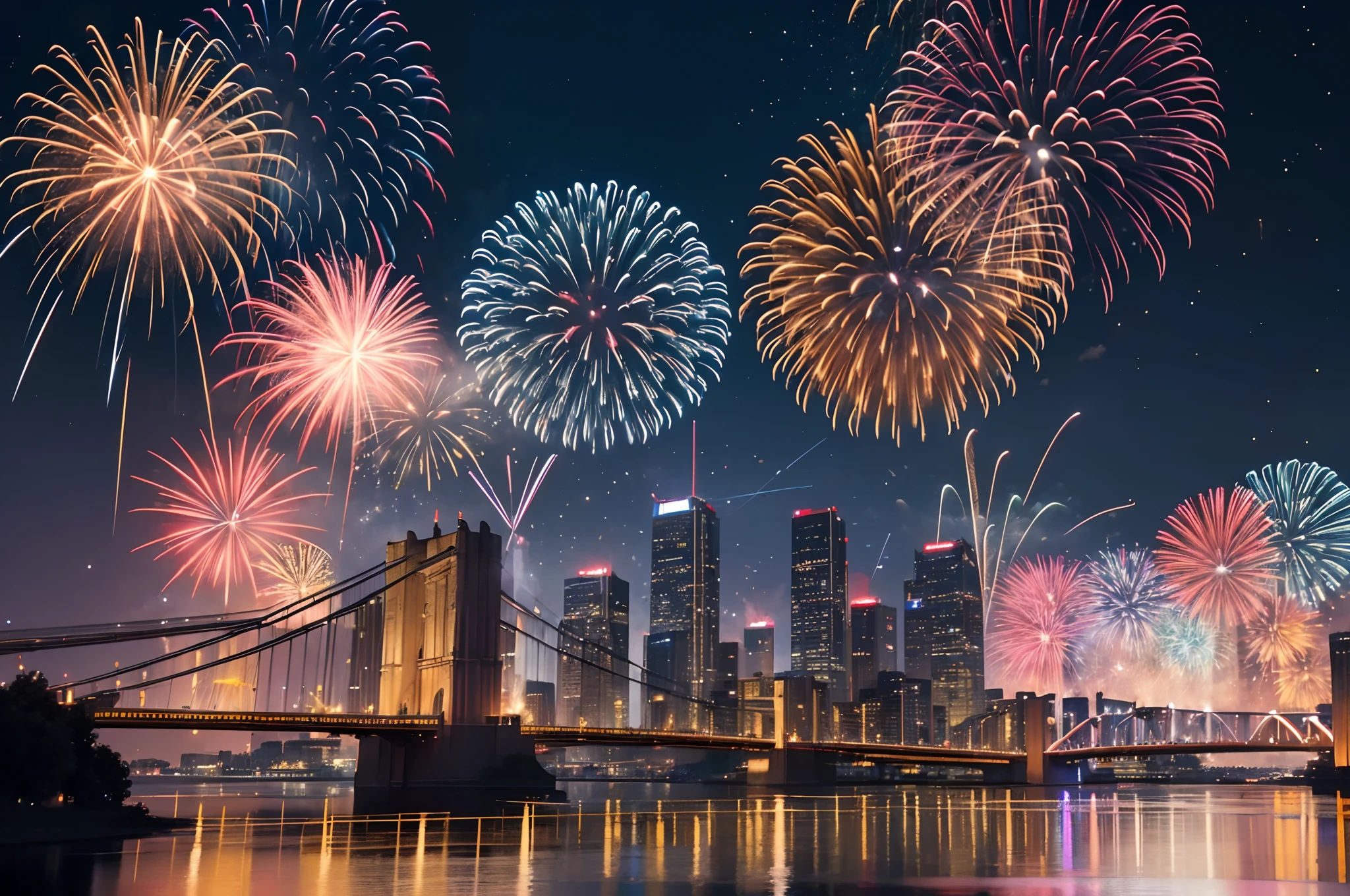 (best quality,4k,8k,highres,masterpiece:1.2),ultra-detailed,(realistic,photorealistic,photo-realistic:1.37),vibrant colors,nighttime scene,colorful explosions,bursts of light,flickering sparks,reflection on water,fiery trails,upward motion of fireworks,celebration,joyful atmosphere,excitement,starry sky,sparkling stars,diverse shapes and patterns,high altitude fireworks,smoke trails,dazzling display,brilliant explosions,thunderous booms,illumination,amazement,spectacular show,crowds of people,awe-inspired faces,cheering and clapping,city skyline in the background,professional photograph,extremely detailed fireworks,hyperlapse video,slow-motion capture,grand finale of fireworks,memorable moment