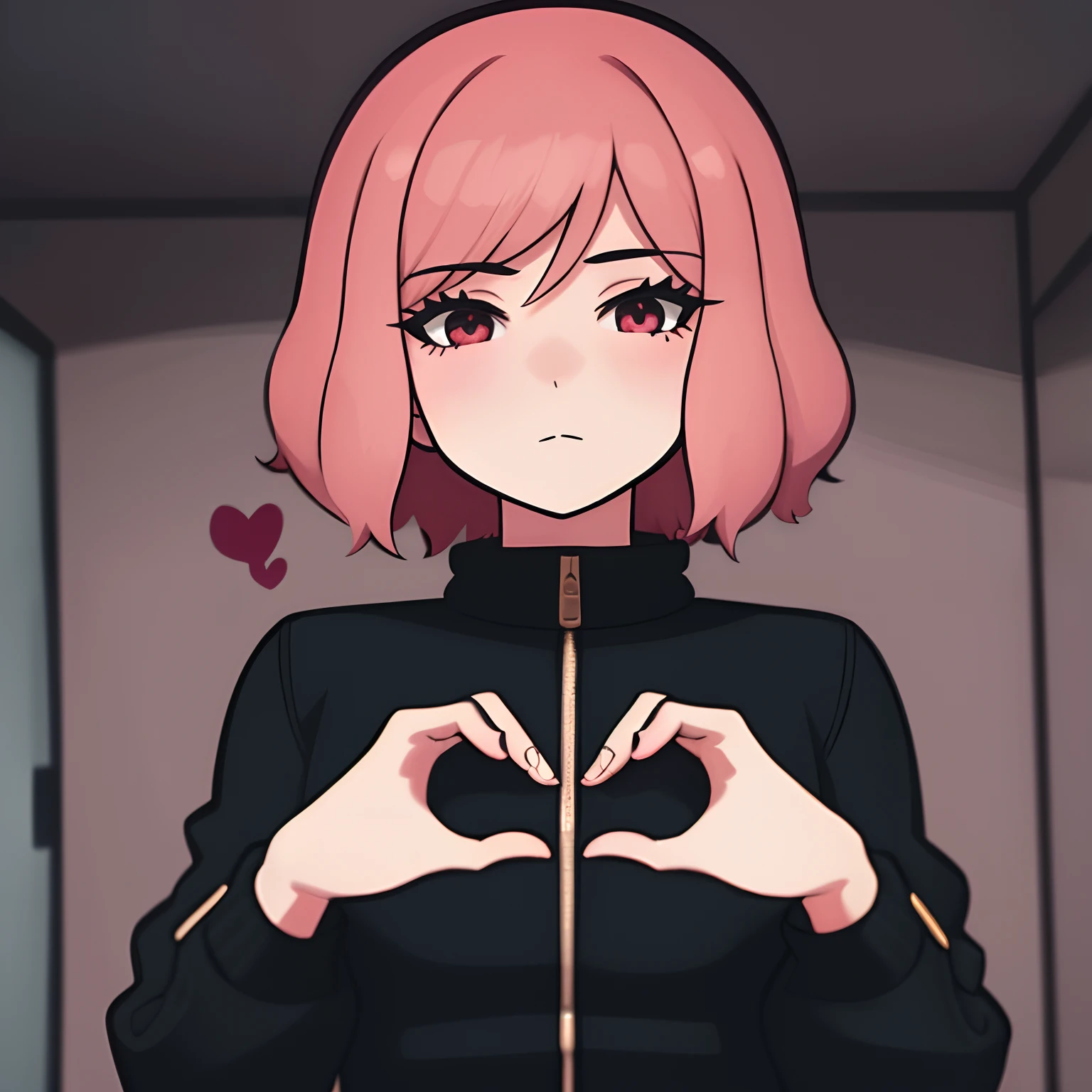 1 girl, Their hands make a heart-shaped pose, ruboroso, Kimpine, chaqueta, falda, pelirrojo, simple room, pelo corto, Pedazos, todo el cuerpo