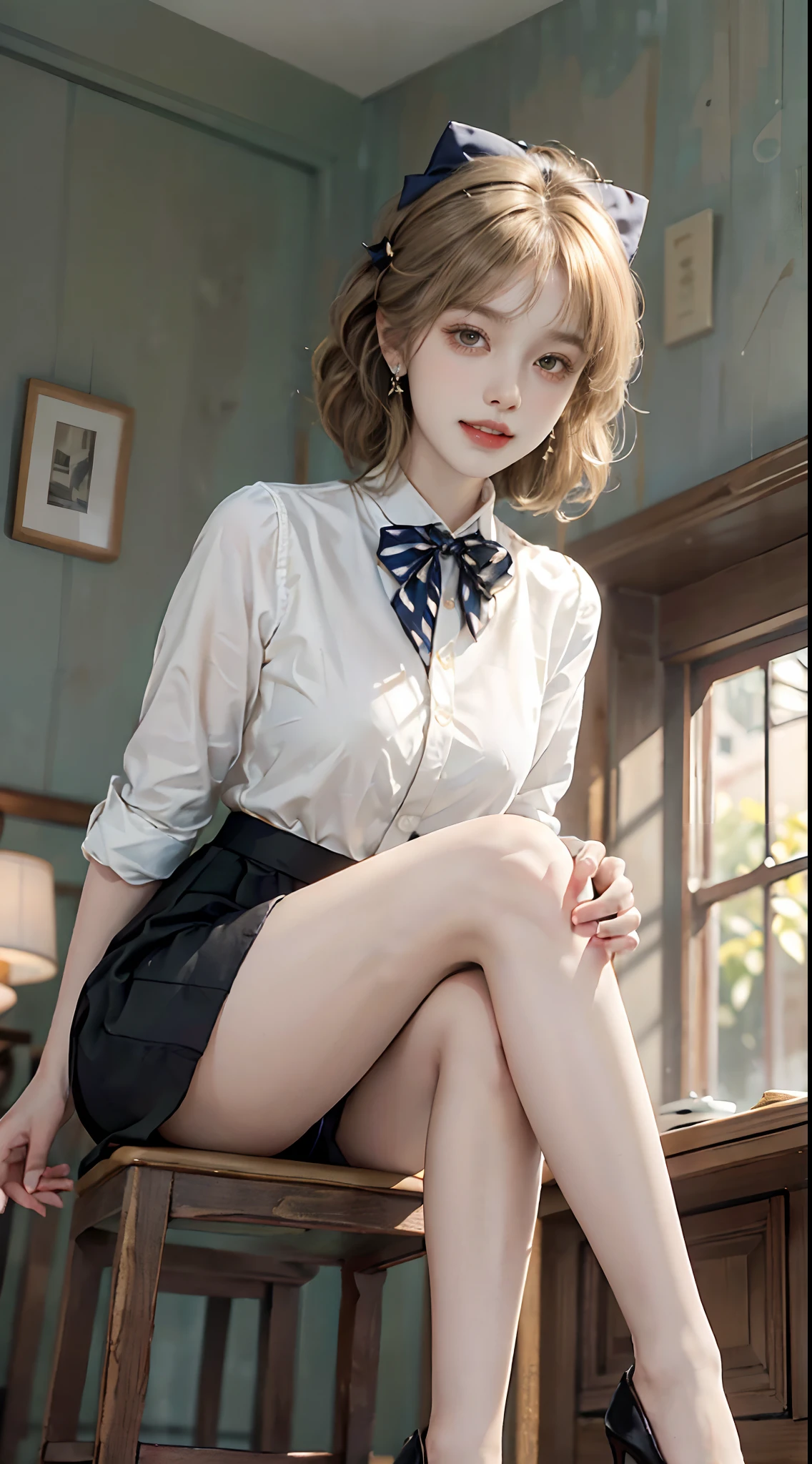 ((full body)), ((from below)), ((realistic)), 1girll, inside in room, Sit Pose, Sit on a barstool, Straight legs, slender leg, pretty legs, looking at viewert, Detailed scenes, curlies, Air bangs, Beautiful hair accessories, Brownish-yellow hair, ((White color blouse, Short black tight skirt, neck bowtie, high-heels)), (Campus style), warm lights, a warm color palette, Detailed details, ultra-detailliert, (tmasterpiece, best qualtiy), (An extremely delicate and beautiful work), Delicate earrings, Delicate necklace, Simple blurred background, Extreme detail description, Ultra-fine painting, Delicate face, slim toned body, (ssmile, Baring teeth), (anatomy correct)