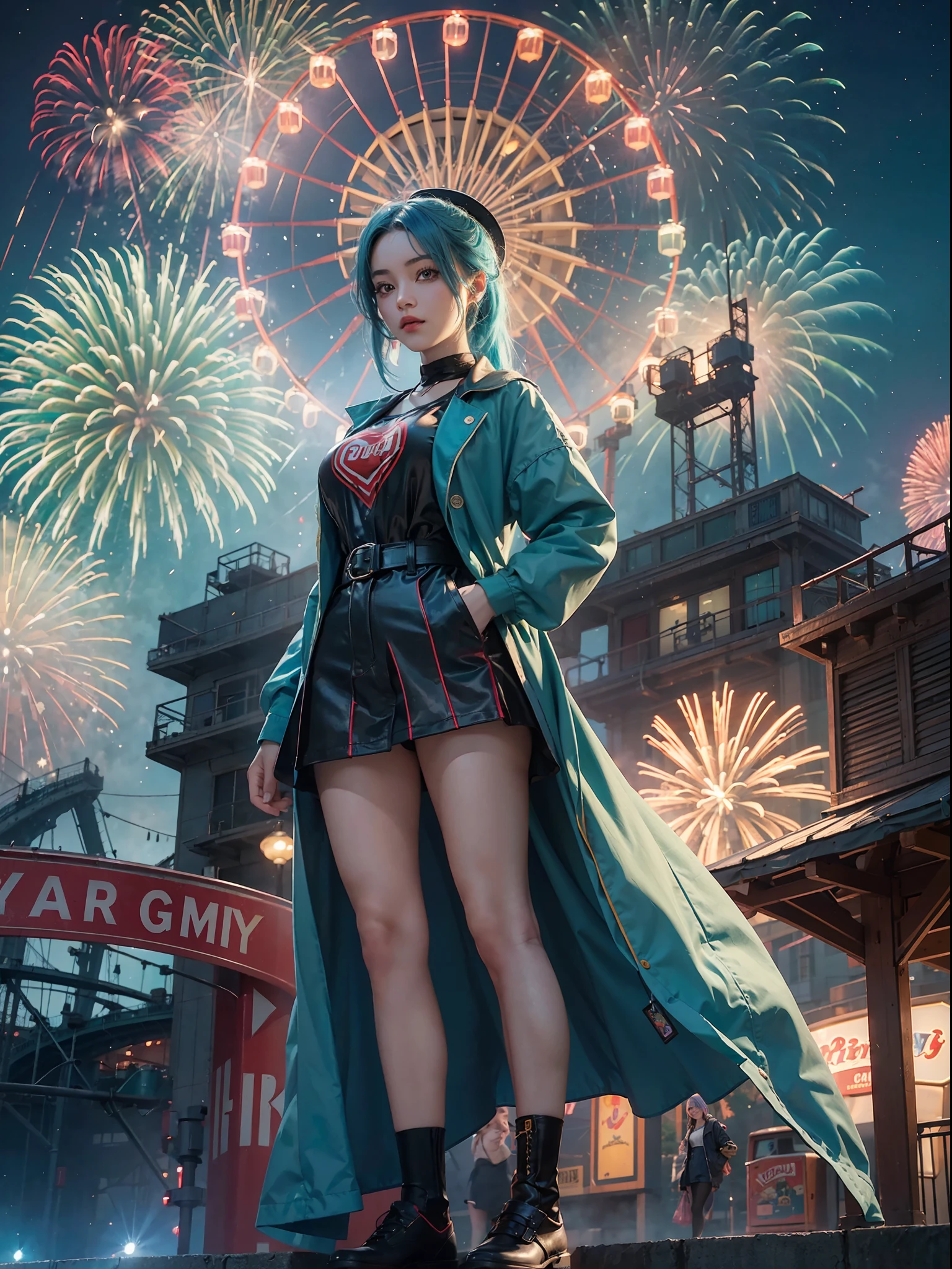 1 girl with red light blue hair, standing at the amusement park in front of the giant wheel or ferris wheel, and see the fireworks on the sky beautiful green and blue fireworks, night view, 8K UHD, Nvidia RTX 4090 rendering, ray tracing, DLSS 3.