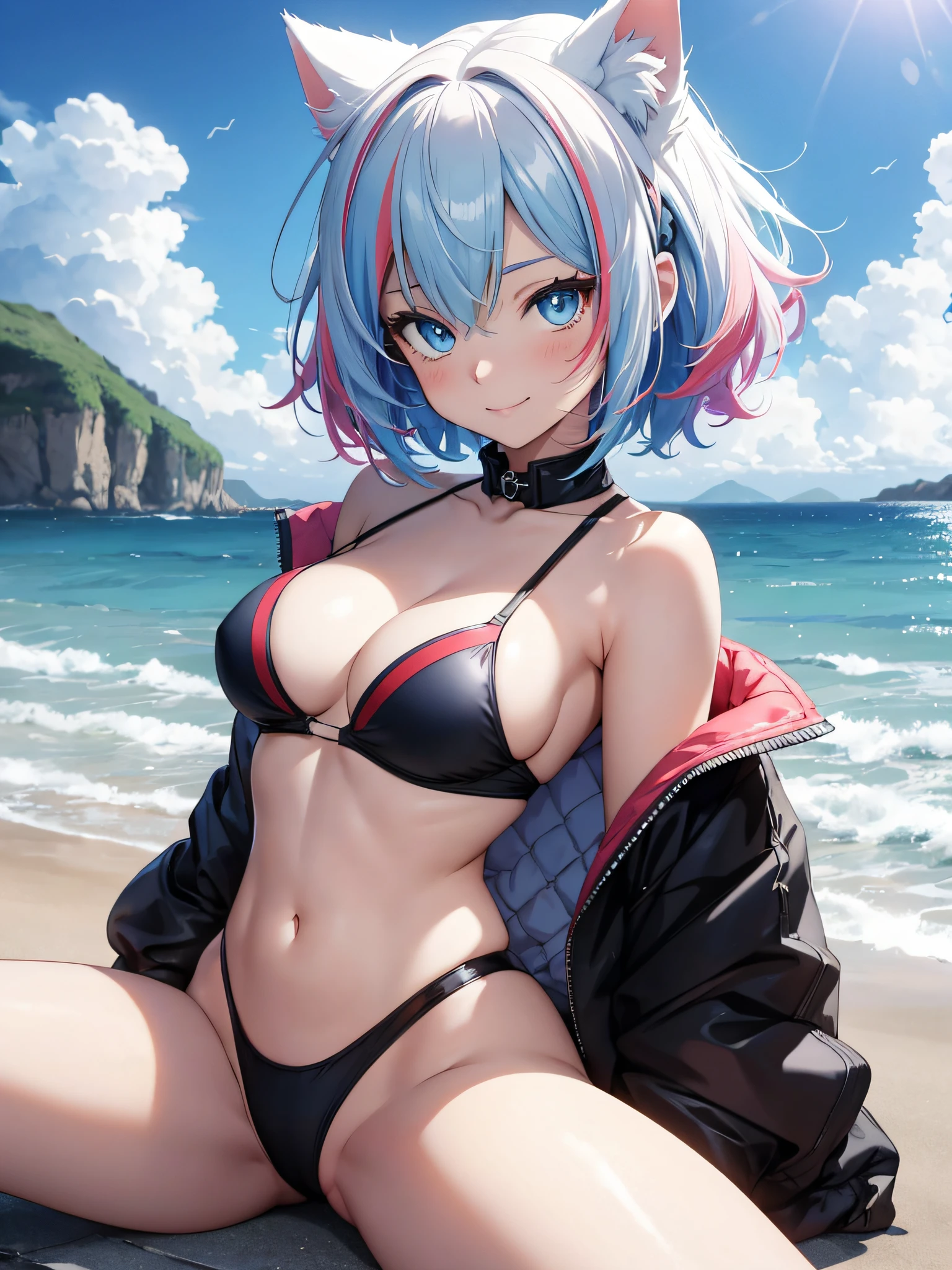 the anime character is fully dressed in a very warm and sexy outfit, 1girl, solo, multicolored pastel hair, blue eyes, virtual youtuber, cat ears, streaked hair, white hair, breasts, smile, short hair, swimsuit, bikini, beach, laying down, expressive, perfect face, high res, ultrasharp, 8K, masterpiece, looking at viewer