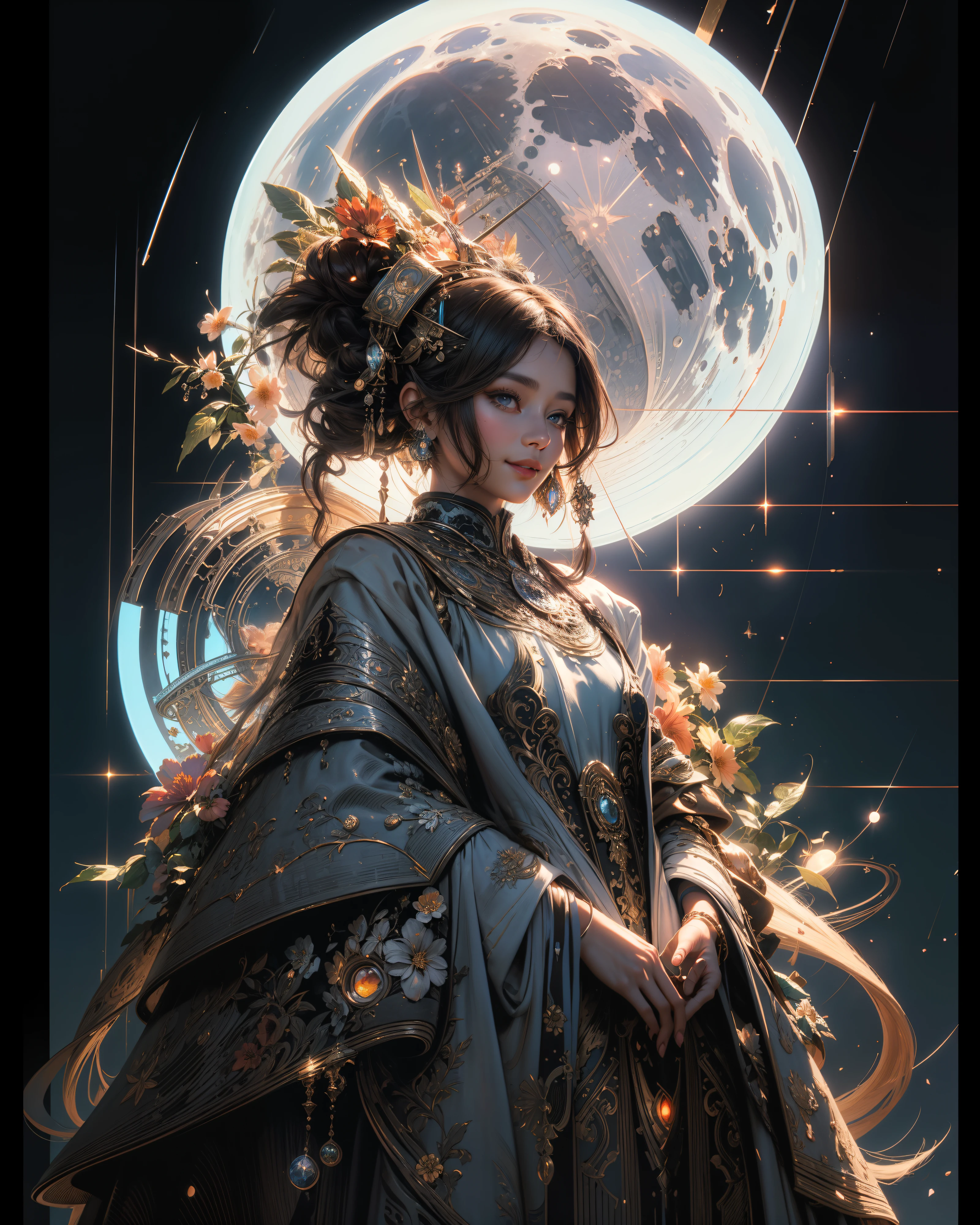 (masterpiece),(best quality), illustration, (fantasy:1.4), brown long hair, long eye lashes, solid circle eyes, light smile, Surrealism, drop shadow, anaglyph, stereogram, atmospheric perspective, 8k, super detail, accurate, best quality, UHD, textured skin, long dress, a moon, flowers , paper_cut