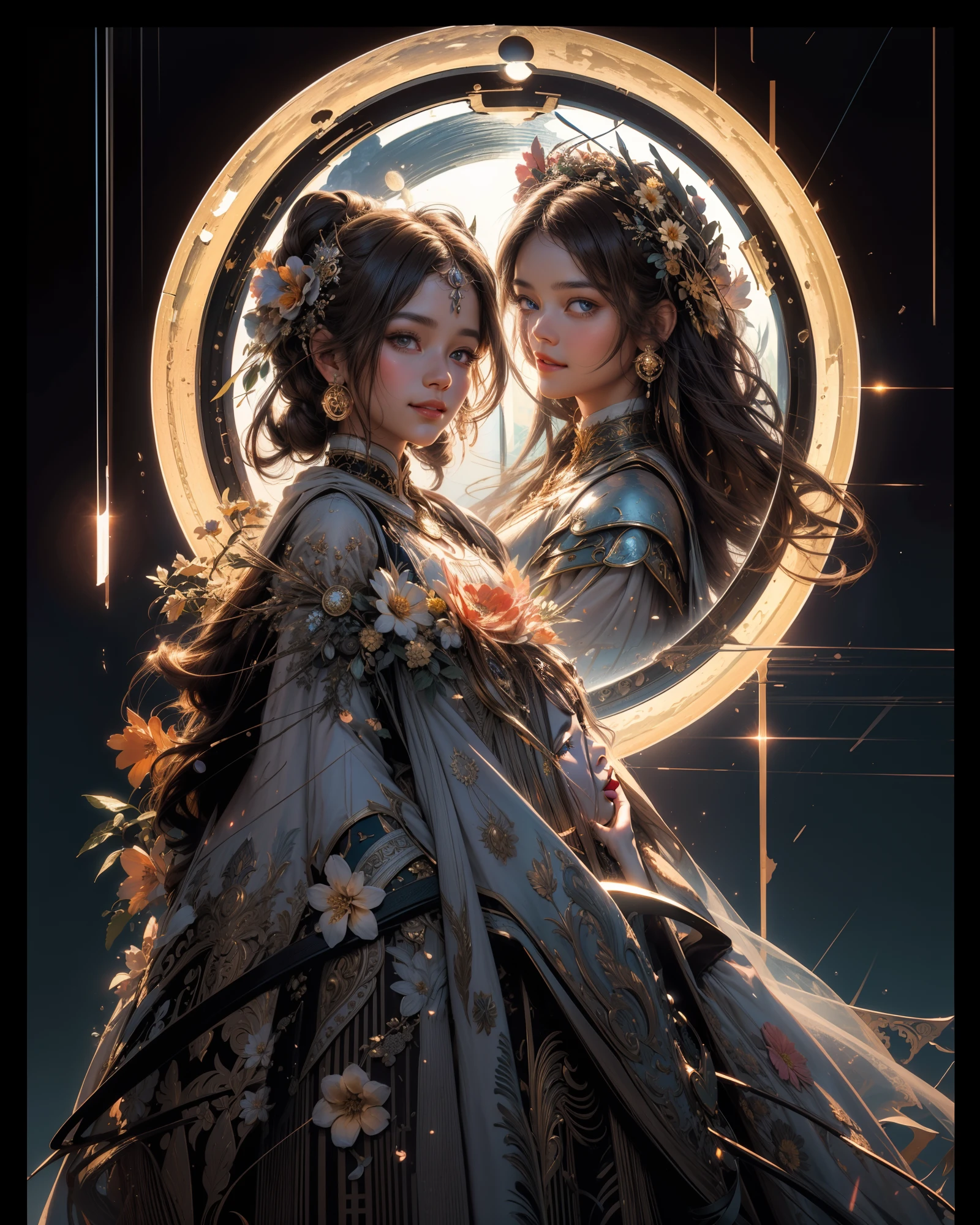 (masterpiece),(best quality), illustration, (fantasy:1.4), brown long hair, long eye lashes, solid circle eyes, light smile, Surrealism, drop shadow, anaglyph, stereogram, atmospheric perspective, 8k, super detail, accurate, best quality, UHD, textured skin, long dress, a moon, flowers , paper_cut