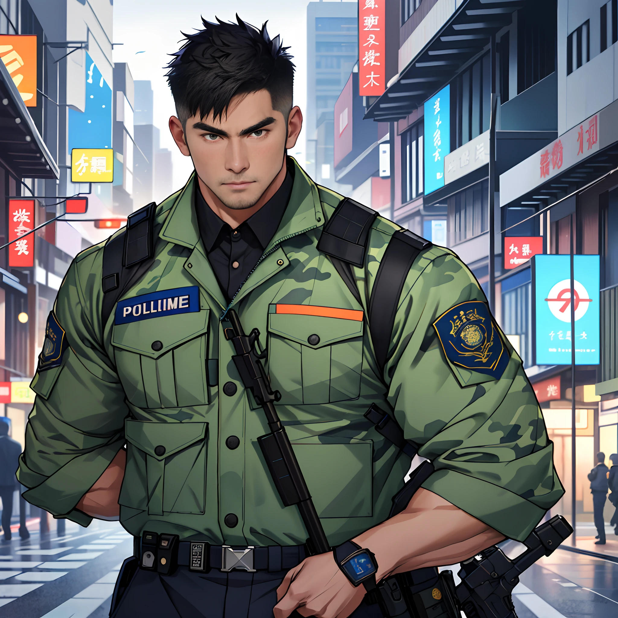 best qualtiy， tmasterpiece， 超高分辨率， detailedbackground， photorealestic， illustratio， Single， 1   boy， Muscle men， armed policeman， the street， musculature， Handsome and mature face shape， Volumetriclighting， depth of fields， Camouflage police uniform