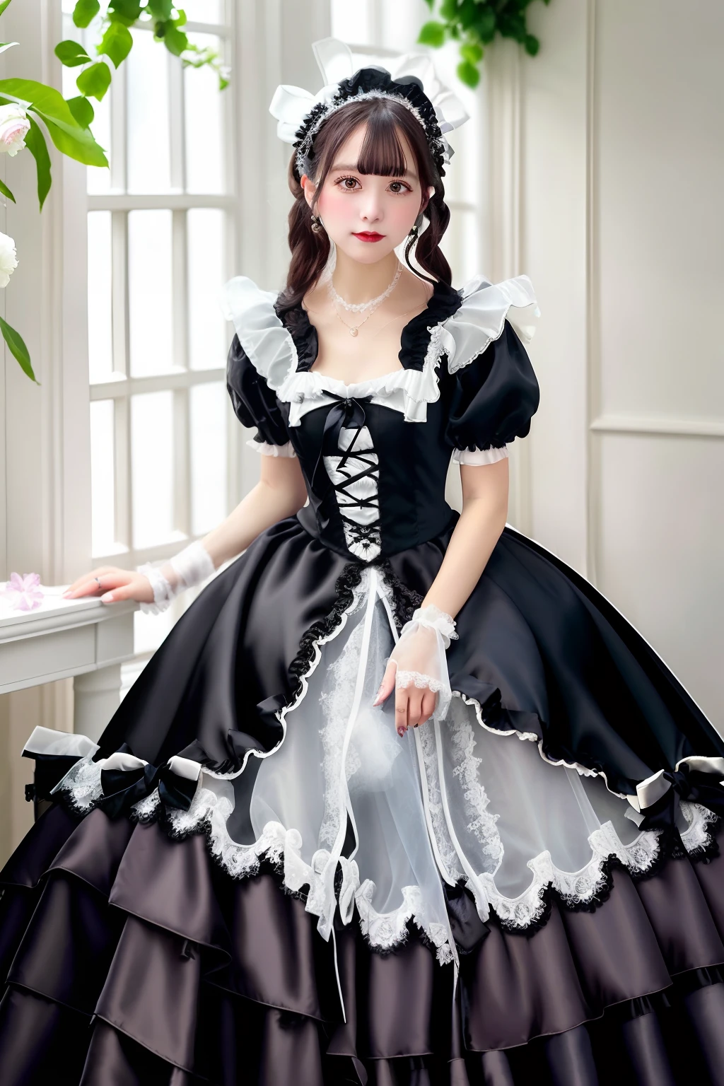 Close up portrait of woman in black satin dress and white satin gloves, rococo dress, rococo queen, Victorian black dress, rococo ruffles dress, dress in the style of rococo, fantasy dress, ta style, ethereal fairy tale, Icy Black Dress, victorian dress, Loliashion, magical dress, Full dress, fairycore, Belle Delphine