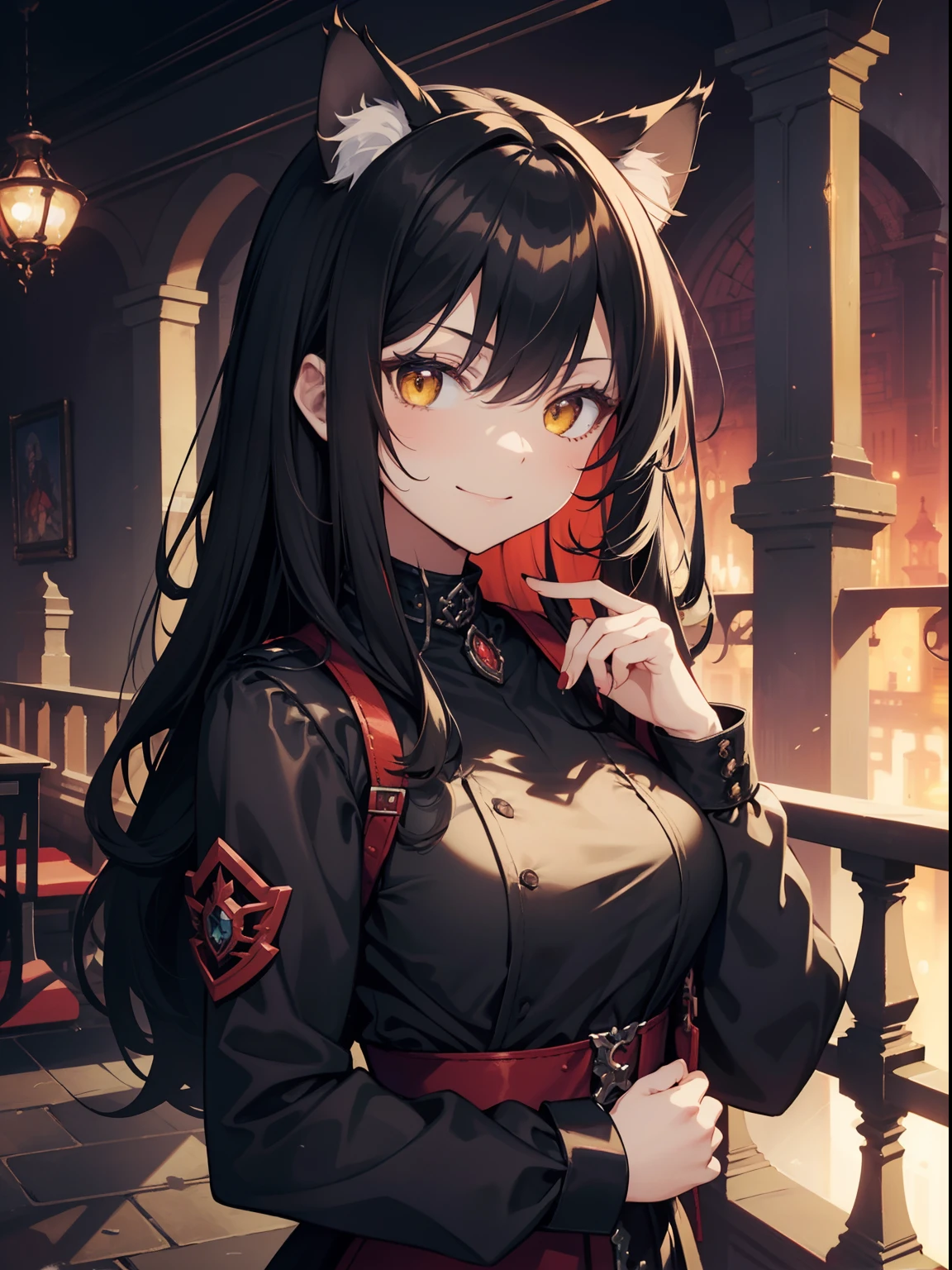 wallpapers, 4k, Anime style, Masterpiece, (1girl, 独奏, cat ears, Long black hair, Yellow eyes, Catgirl is a bit immature, Evil smile, smirk, looking a viewer, appealed to the viewer), (collar, black leather clothing, Ecclesiastical clothing, Straps), adepta sororitas, Warhammer 40k, Gothic colorful interior behind, Red light atmosphere