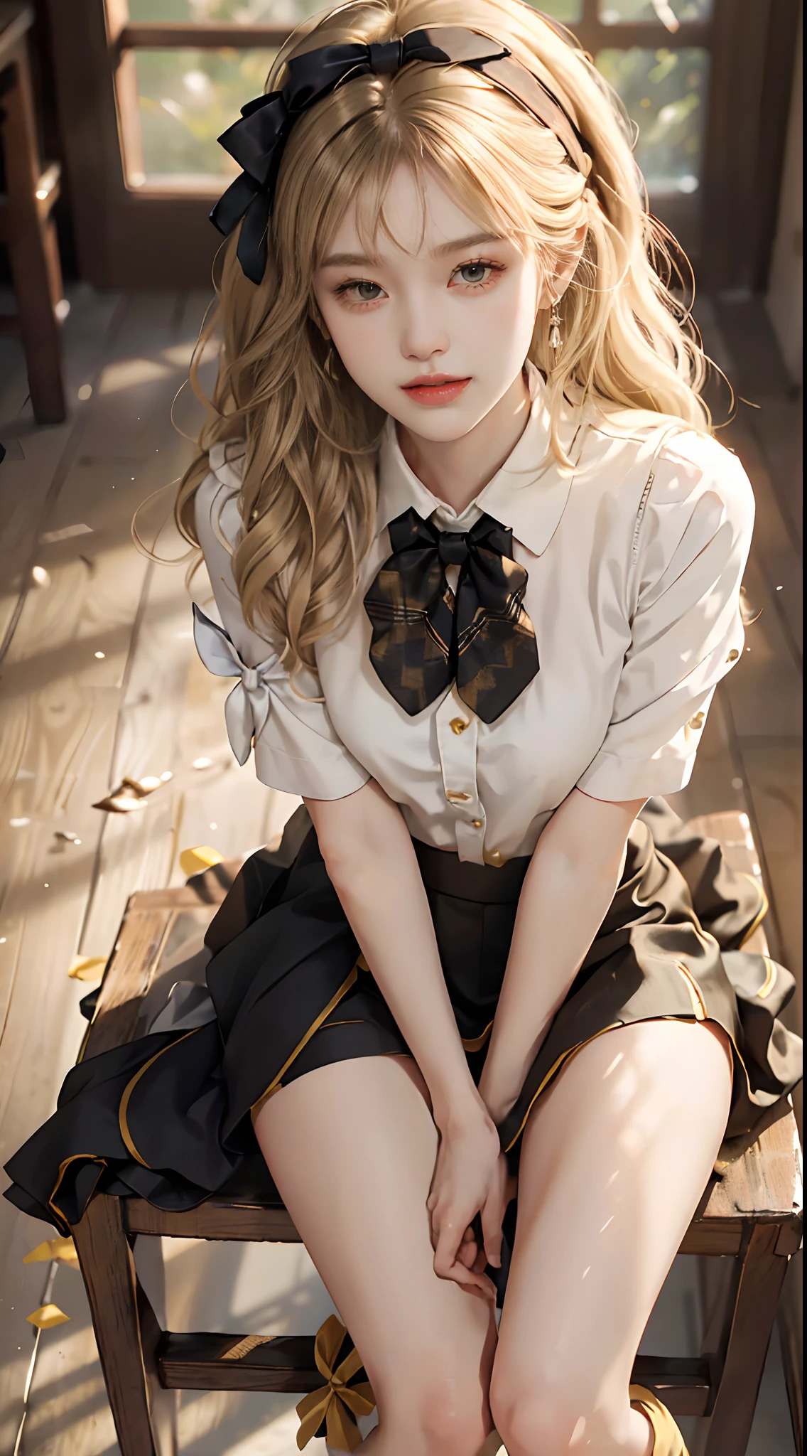 ((full body)), ((from above)), ((realistic)), 1girll, inside in room, Sit Pose, Sit on a barstool, Legs slightly bent, slender leg, pretty legs, looking at viewert, Detailed scenes, curlies, Air bangs, Beautiful hair accessories, Brownish-yellow hair, ((White color blouse, Short black tight skirt, neck bowtie, high-heels)), (Campus style), warm lights, a warm color palette, Detailed details, ultra-detailliert, (tmasterpiece, best qualtiy), (An extremely delicate and beautiful work), Delicate earrings, Delicate necklace, Simple blurred background, Extreme detail description, Ultra-fine painting, Delicate face, slim toned body, (ssmile, Baring teeth), (anatomy correct)