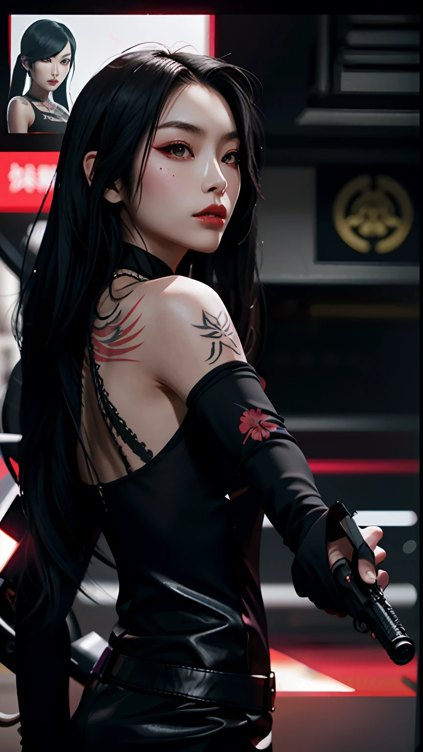 araffe woman in a black dress holding a gun, taiwanese girl with tattoos , yakuza slim girl , "adawong", glamorous