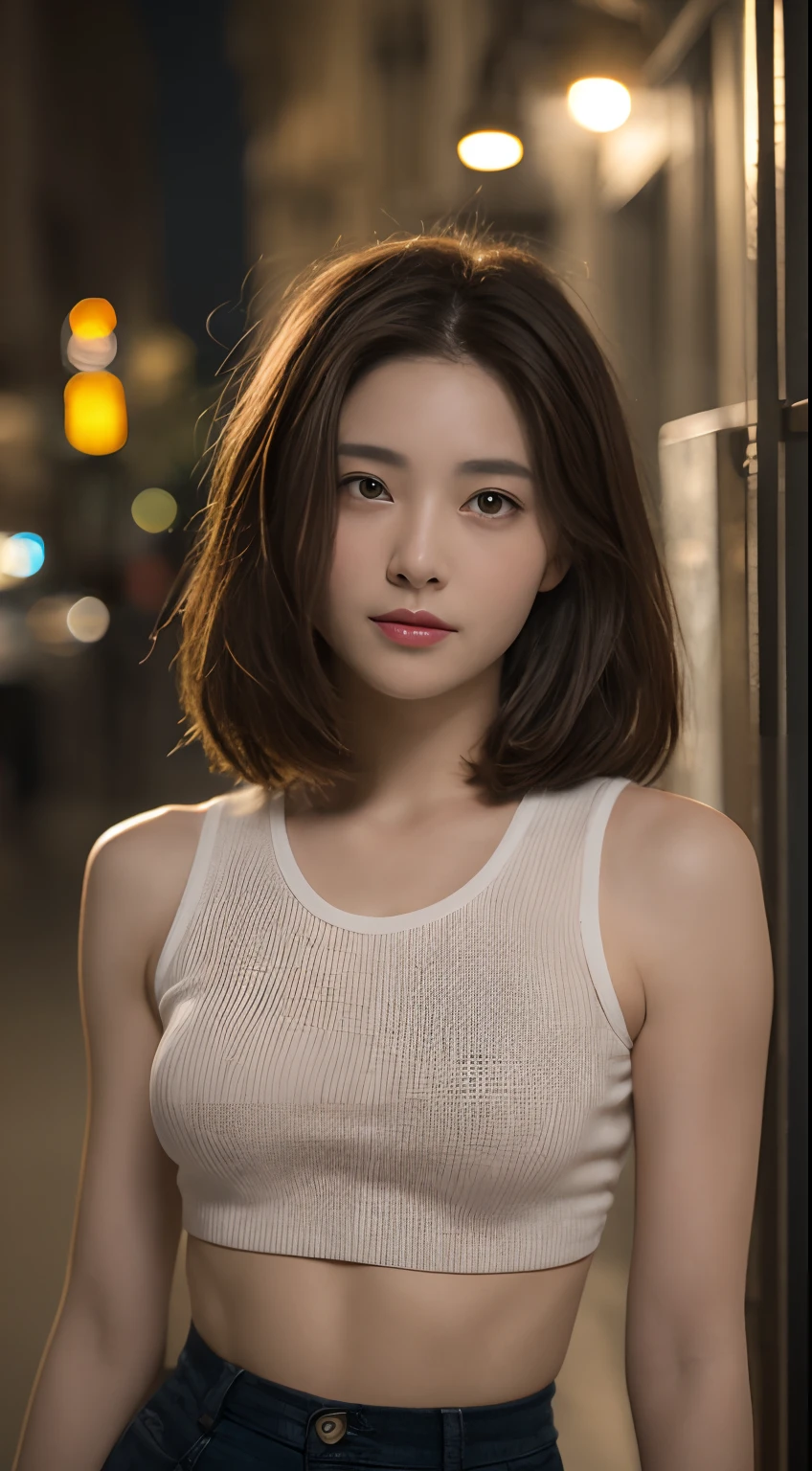 ((Realistic lighting, Best quality, 8K, Masterpiece: 1.3)), Clear focus: 1.2, 1girl, Perfect Figure: 1.4, Slim Abs: 1.1, ((Dark brown hair)), (White crop top: 1.4), (Outdoor, Night: 1.1), City streets, Super fine face, Fine eyes, Double eyelids,