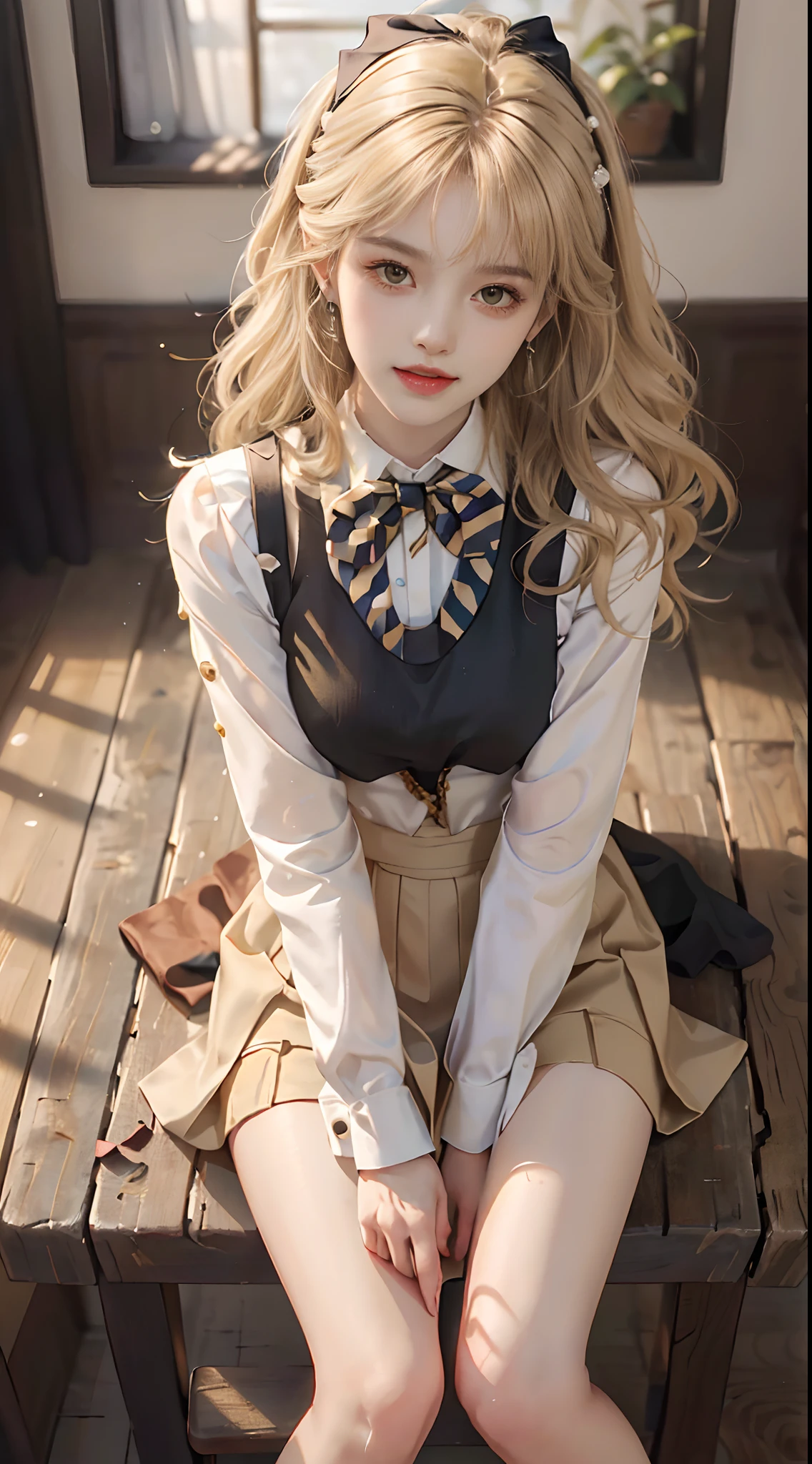 ((full body)), ((from above)), ((realistic)), 1girll, inside in room, Sit Pose, Sit on a barstool, Legs slightly bent, slender leg, pretty legs, looking at viewert, Detailed scenes, curlies, Air bangs, Beautiful hair accessories, Brownish-yellow hair, ((White color blouse, Short black tight skirt, neck bowtie, high-heels)), (Campus style), warm lights, a warm color palette, Detailed details, ultra-detailliert, (tmasterpiece, best qualtiy), (An extremely delicate and beautiful work), Delicate earrings, Delicate necklace, Simple blurred background, Extreme detail description, Ultra-fine painting, Delicate face, slim toned body, (ssmile, Baring teeth), (anatomy correct)