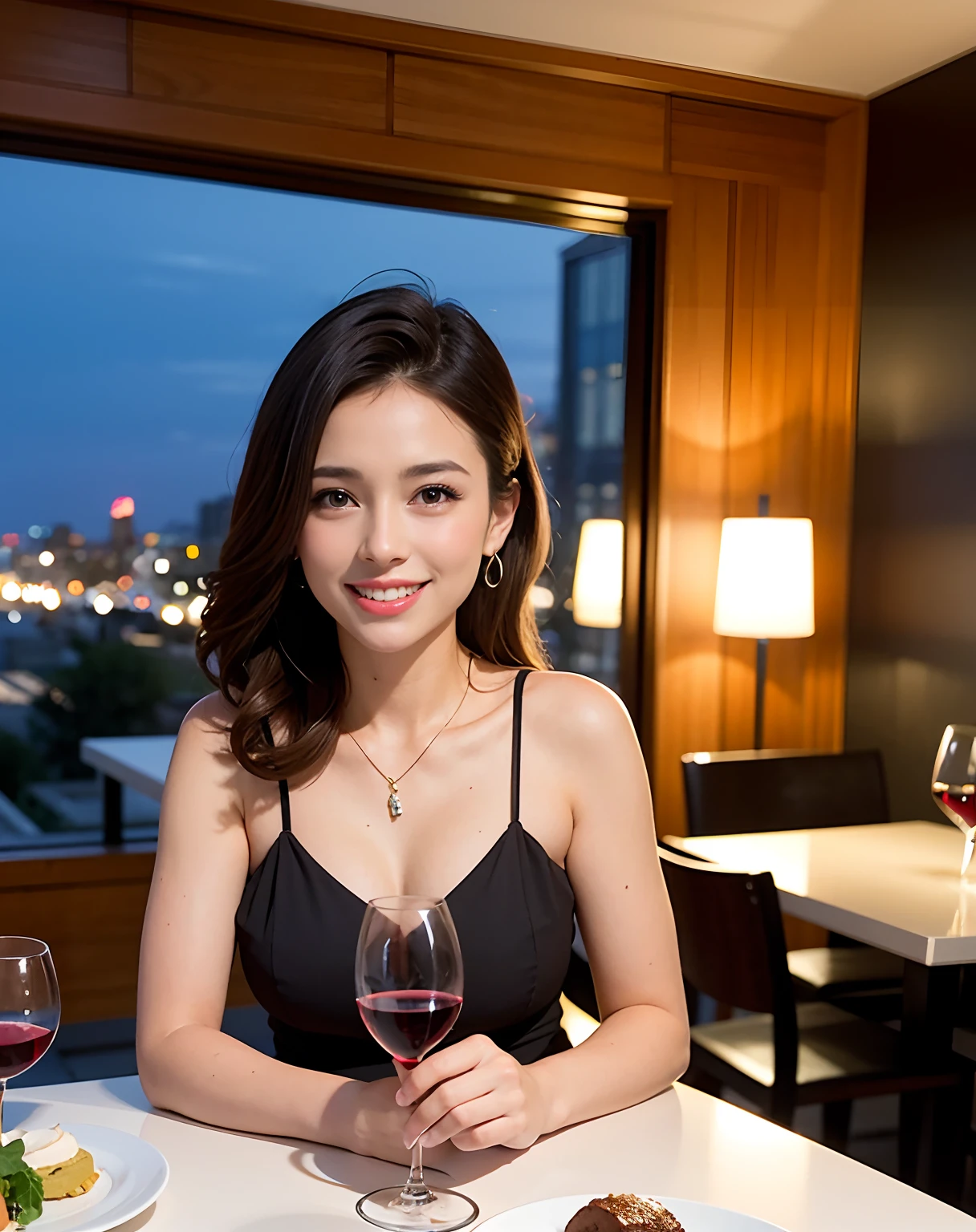 (64K, UHD, top quality, masterpiece: 1.2), (realistic, photorealistic: 1.37), super detailed, pretty woman 1 person, (slim face), (slim body), (brown hair), (short cut), cheeks slightly blushing, (44 years old), 38 years old, solo, beautiful detailed urban night view outside the window, restaurant, wine glasses sit, at night, in a prominent placeNovaFrogStyle, Actress, Model, Waist Up, White Wine, Slim, Wine Glass, Super Clean Night View, Wine Glass Put in the Middle, Happy Smile, (Smile: 1.15), Beautiful Fine Eyes, Upper Body, Bust Japan Up, Night, Short, Short, Actress, Model, Waist Up, White Wine, Slim, Wine Glass, Super Clean Night View, Wine Glass Put in the Middle, Happy Smile,